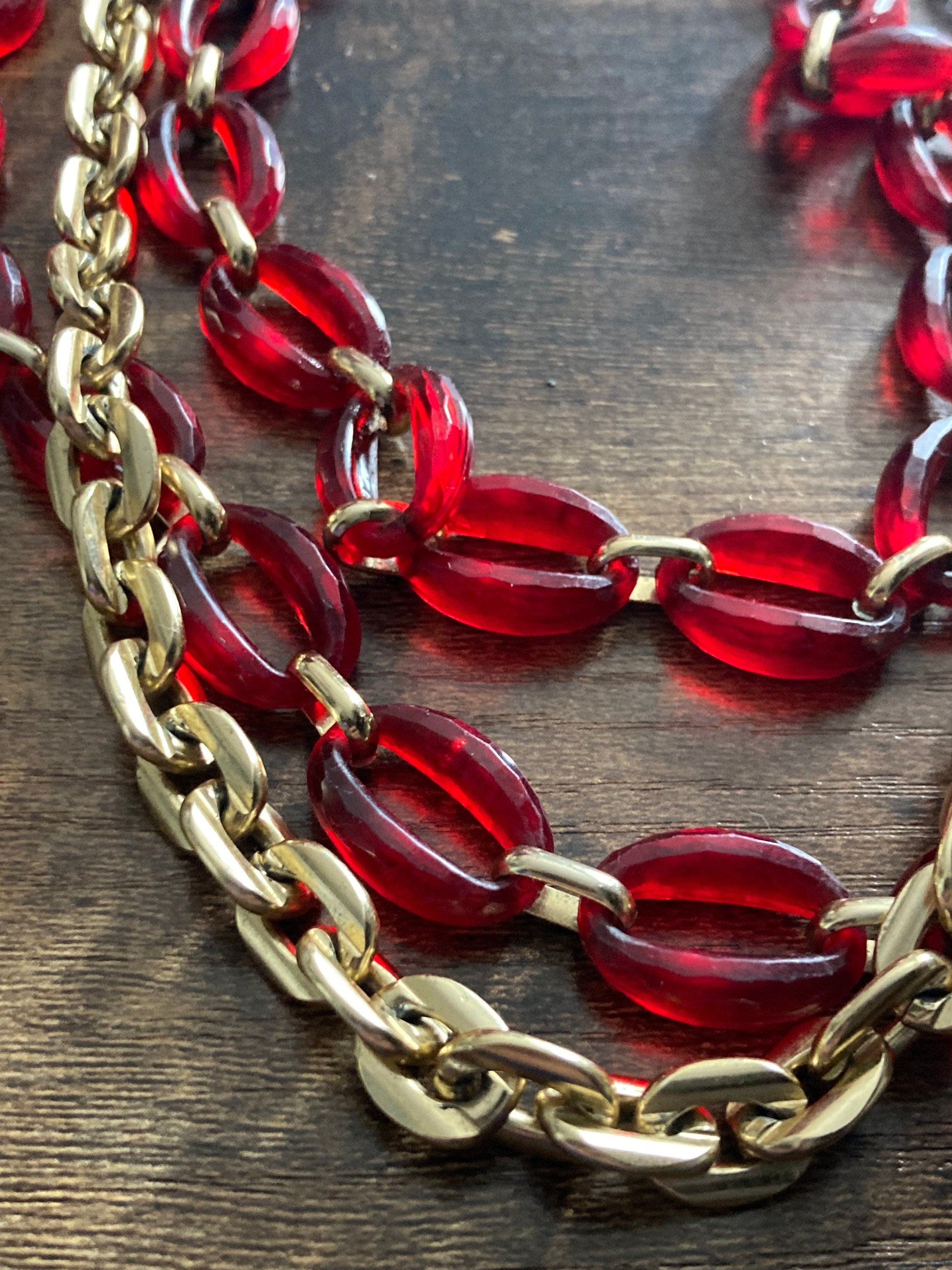 Vintage gold tone chain link and red opaque plastic multi strand necklace