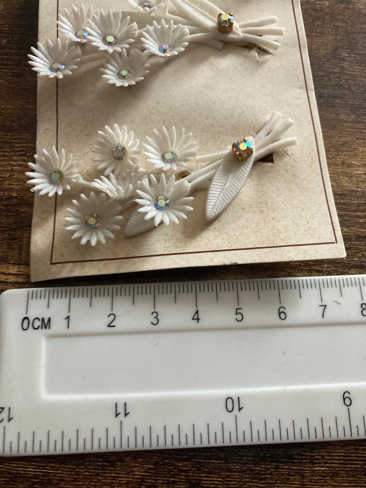 Vintage white plastic floral bouquet clip on earrings with diamante AB paste stones