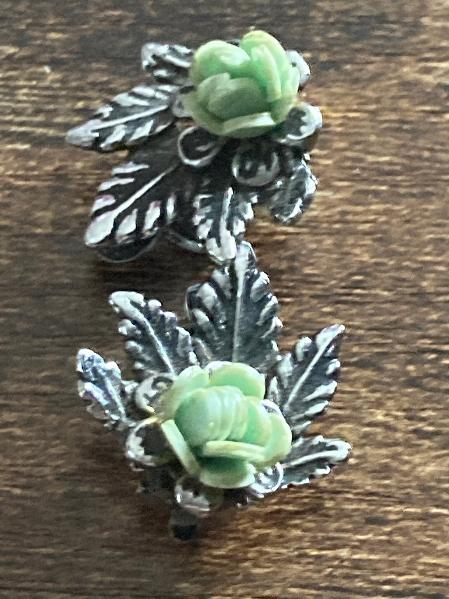 Vintage silver tone pastel blue green roses flower clip on mid century stud earrings