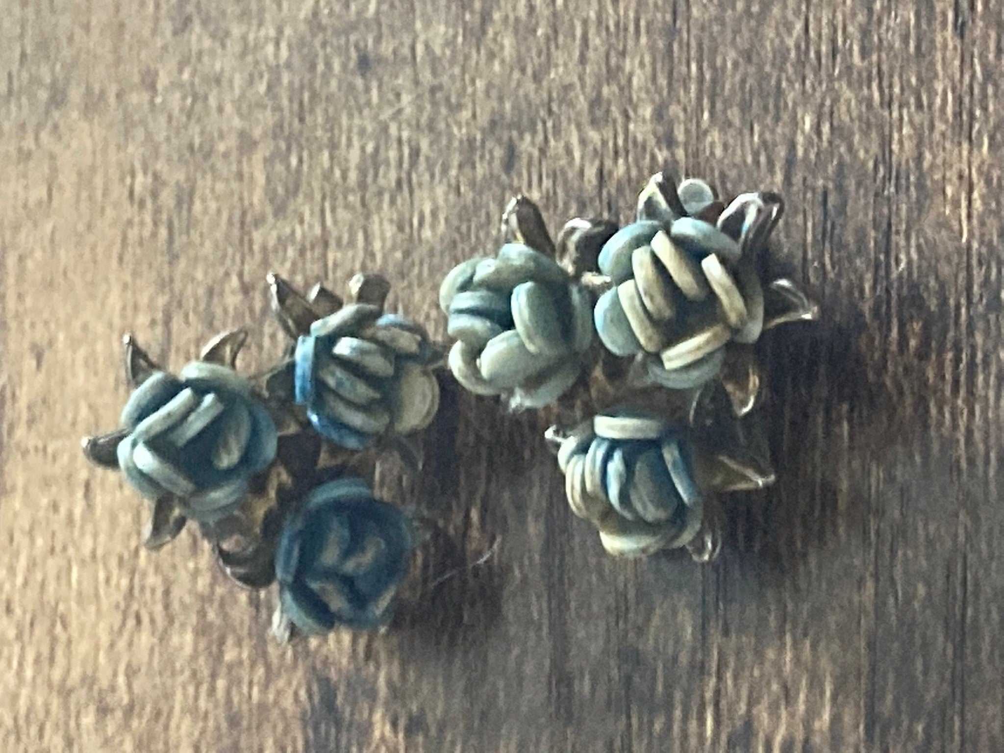 Vintage silver tone pastel blue green roses floral clip on mid century stud earrings