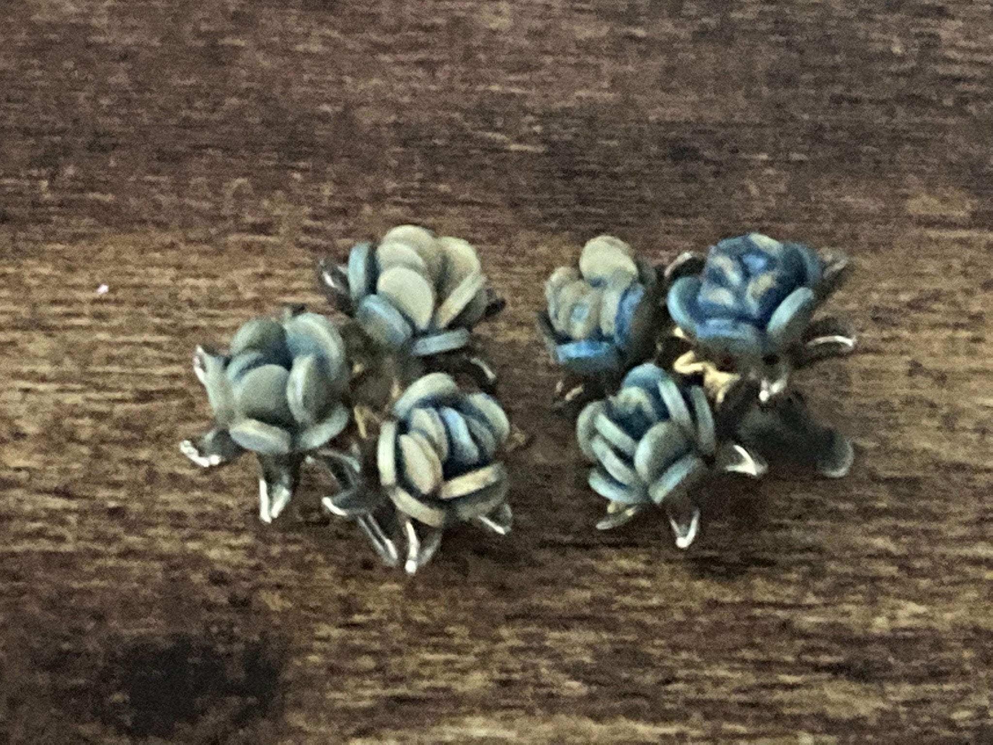 Vintage silver tone pastel blue green roses floral clip on mid century stud earrings