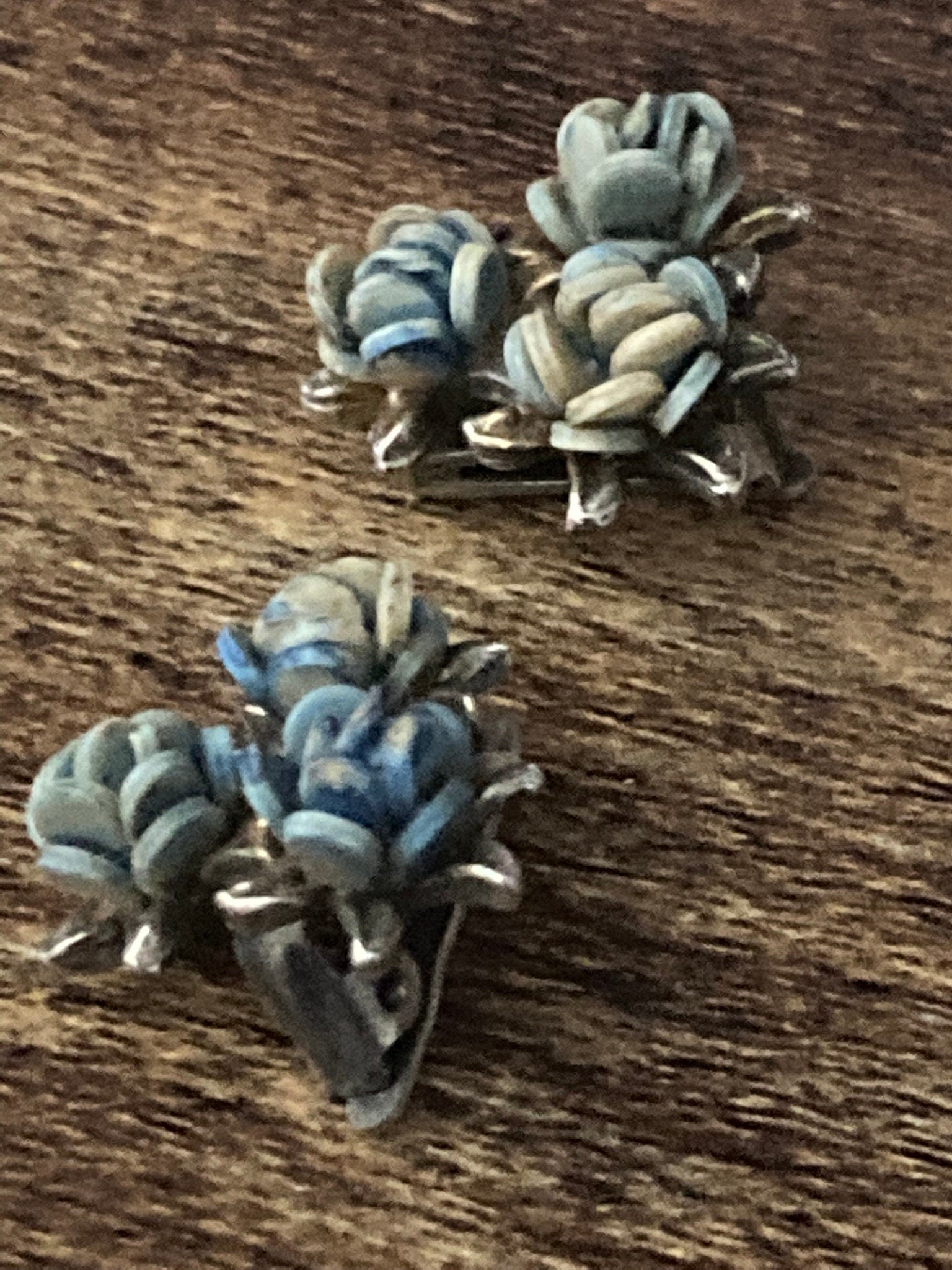 Vintage silver tone pastel blue green roses floral clip on mid century stud earrings