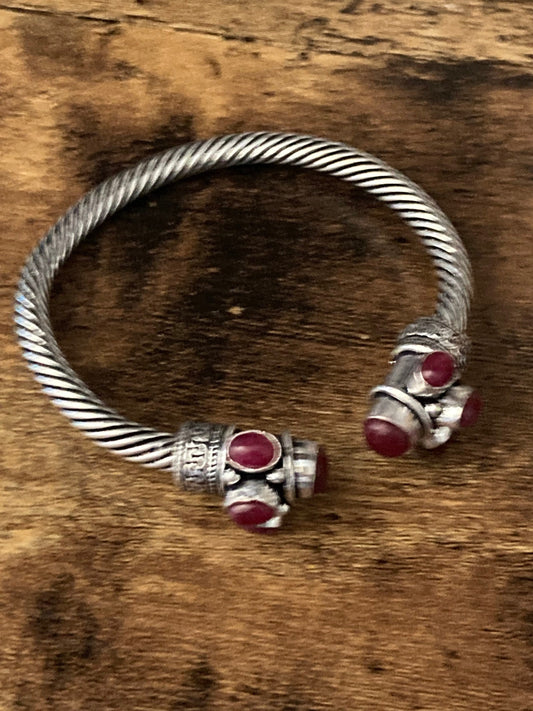 Garnet ruby pink red GEMSTONE Bangle silver tone torque cuff bracelet