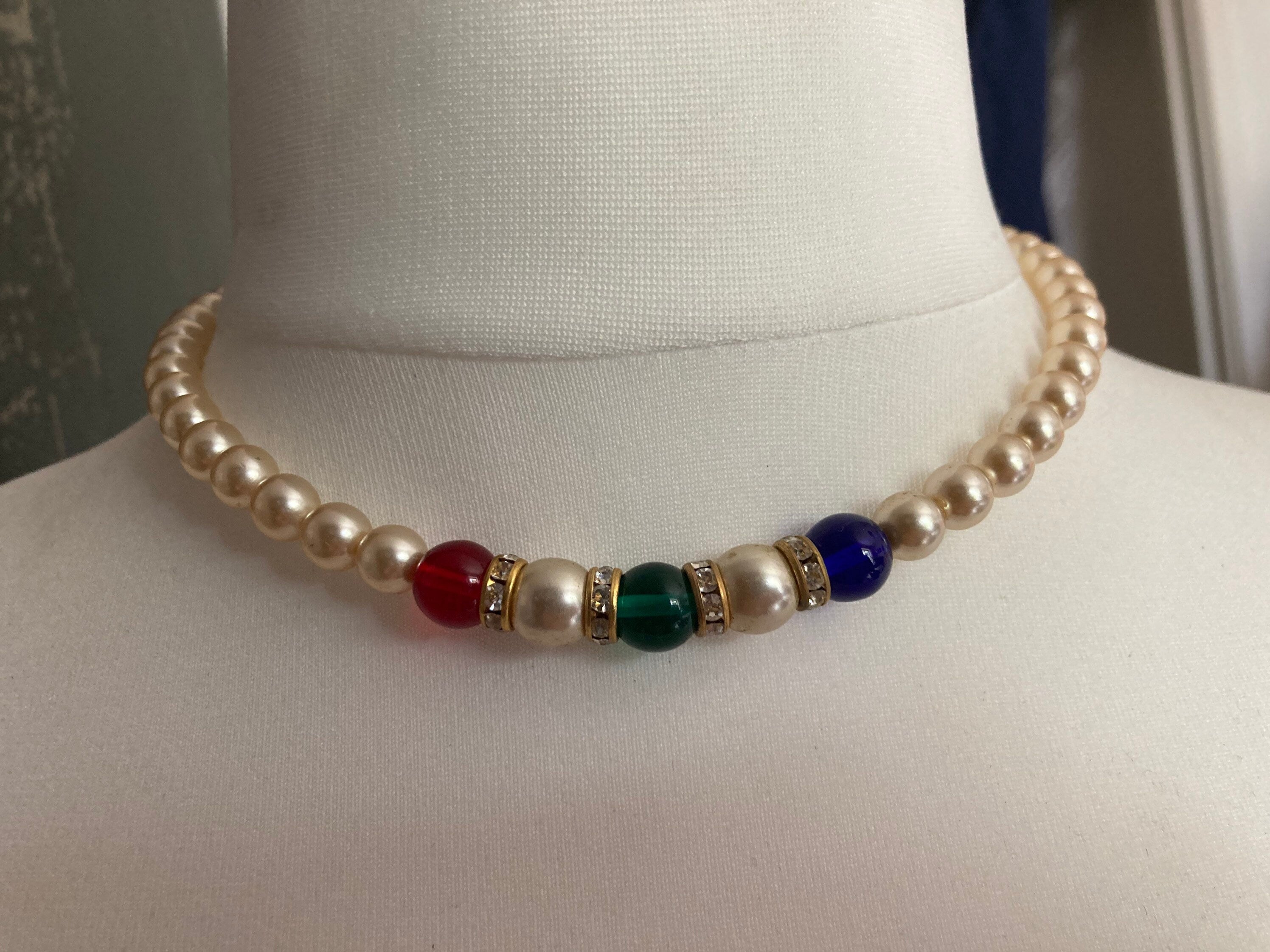 cream glass pearl necklace with emerald sapphire ruby beads and diamanté