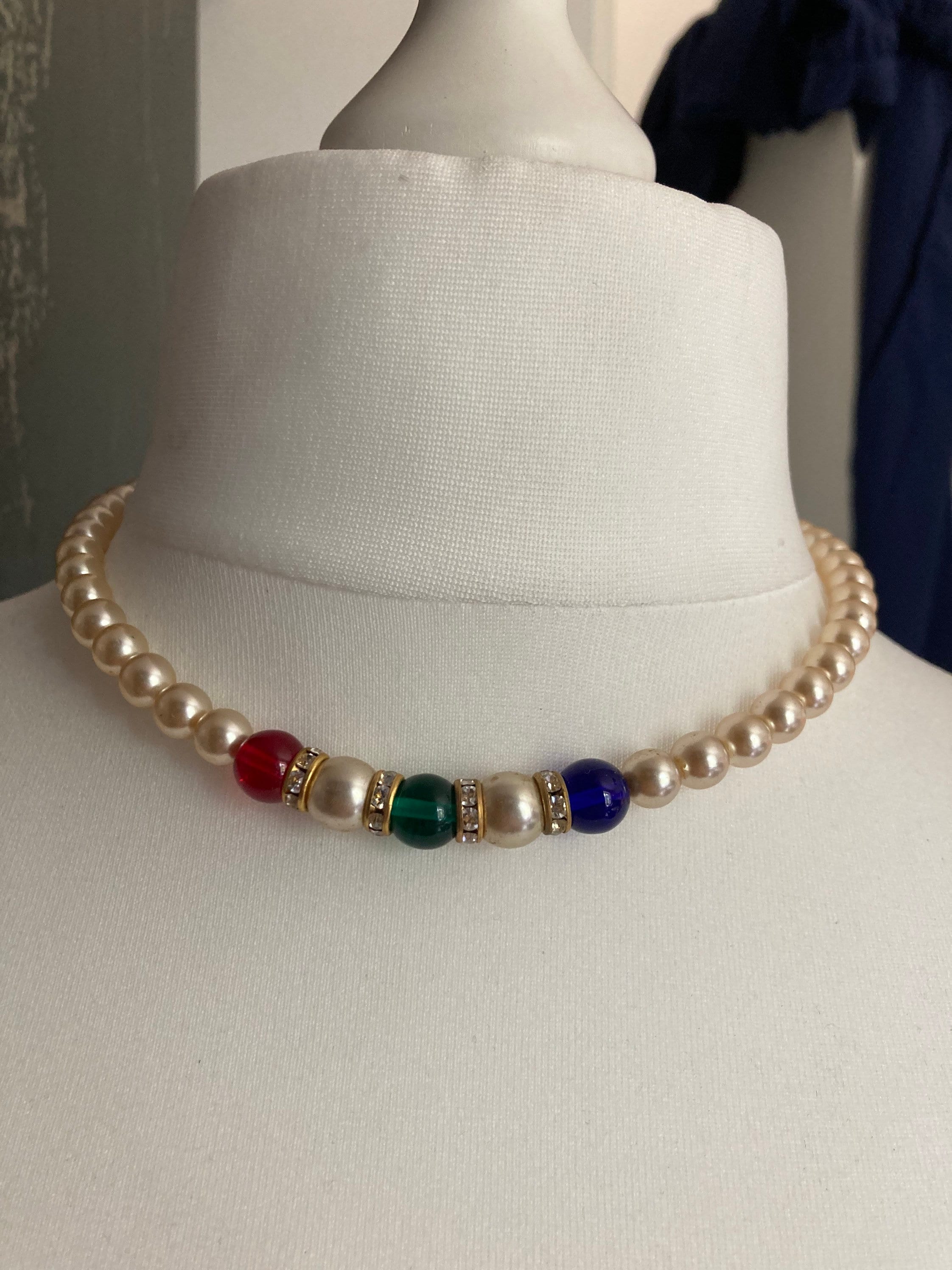 cream glass pearl necklace with emerald sapphire ruby beads and diamanté