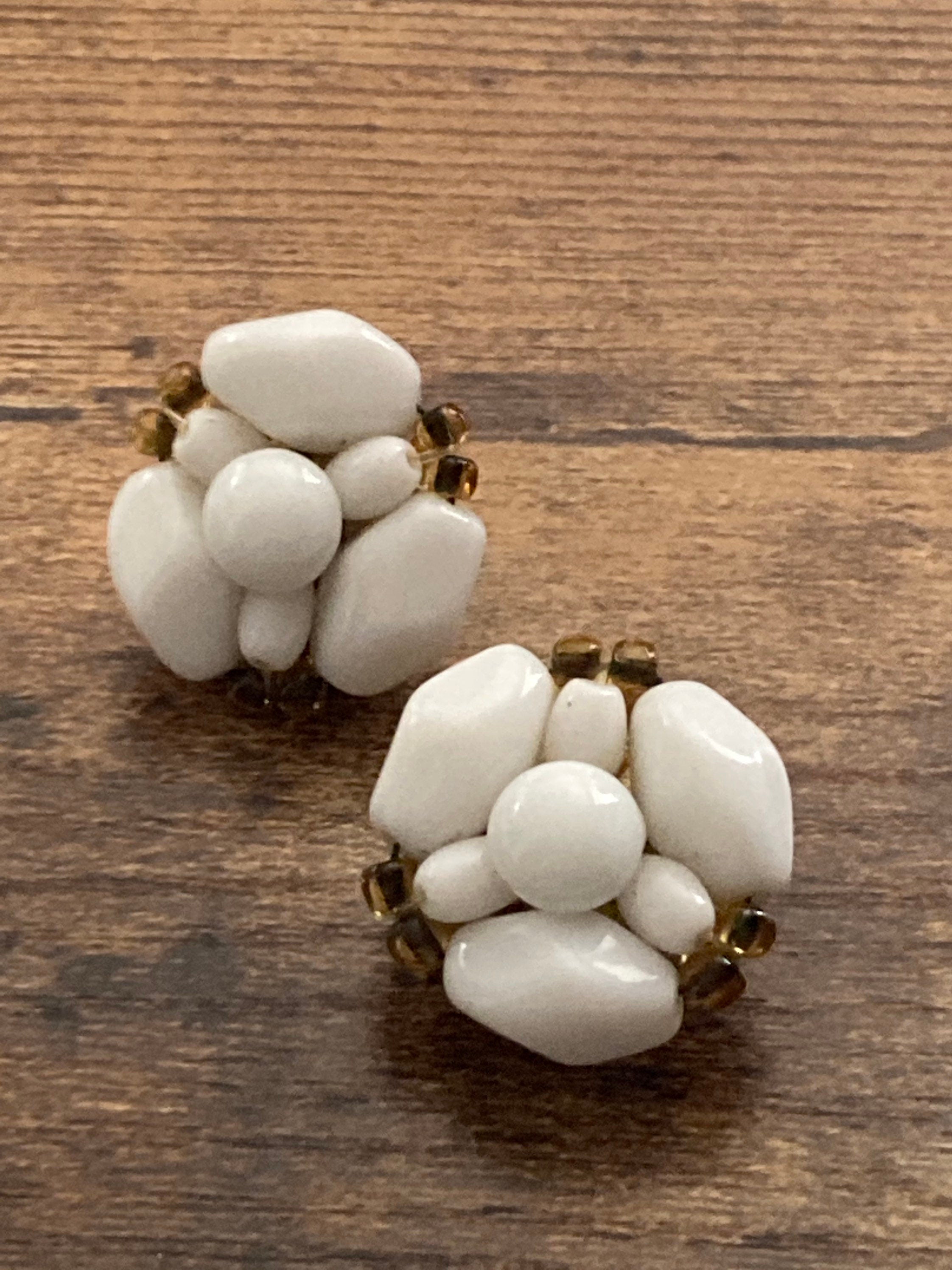 light white milk glass floral beaded clip on earrings