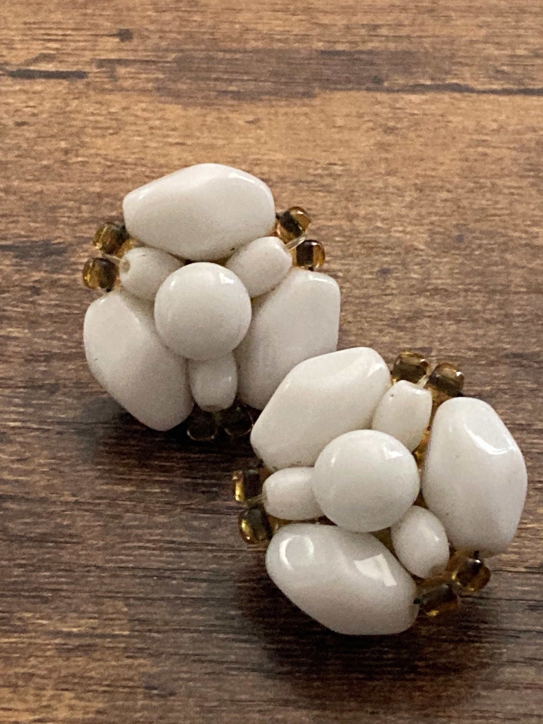 light white milk glass floral beaded clip on earrings