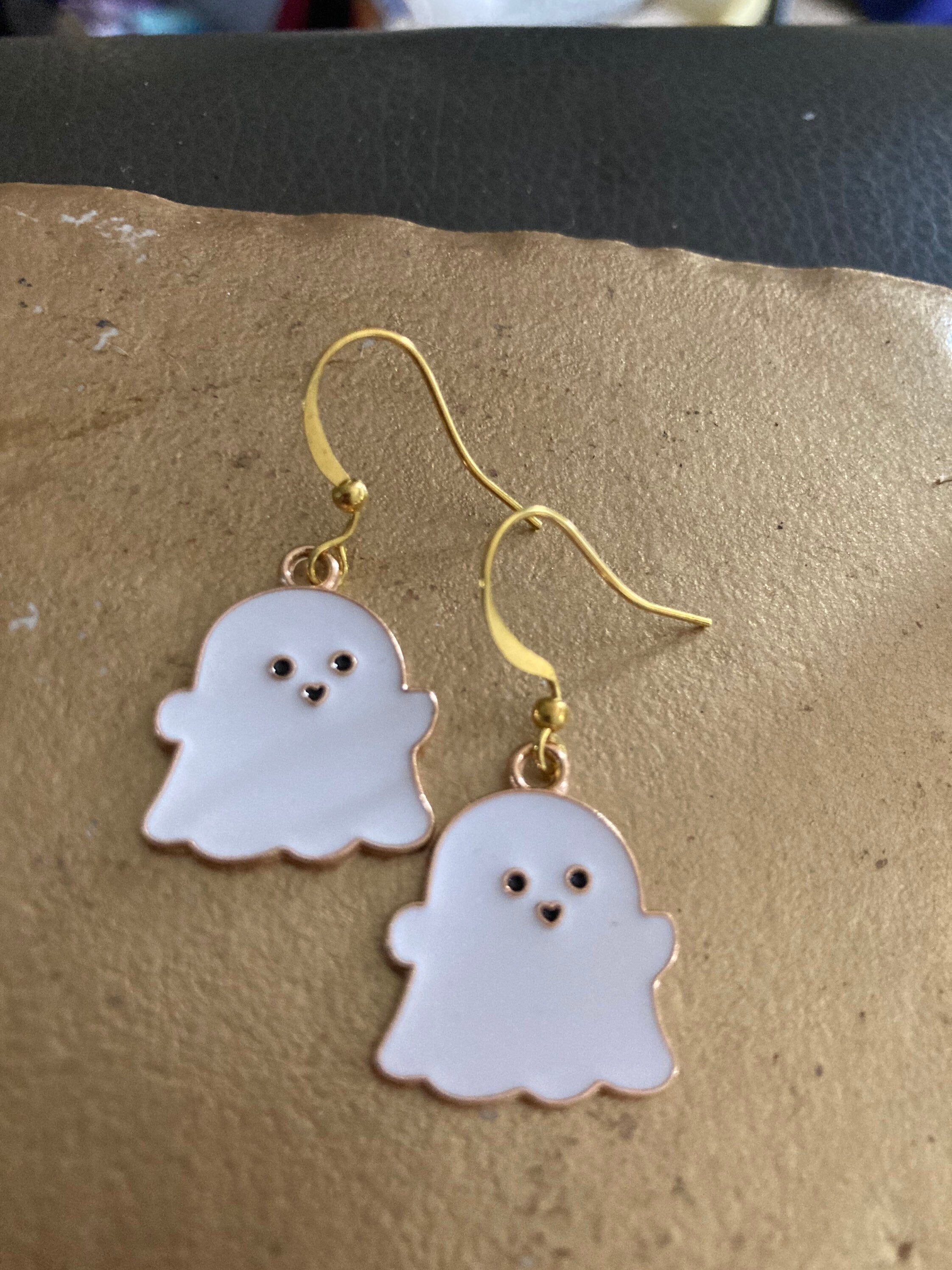 Handmade Novelty gold  white enamel metal cute GHOST spooky drop earrings for pierced ears! Halloween