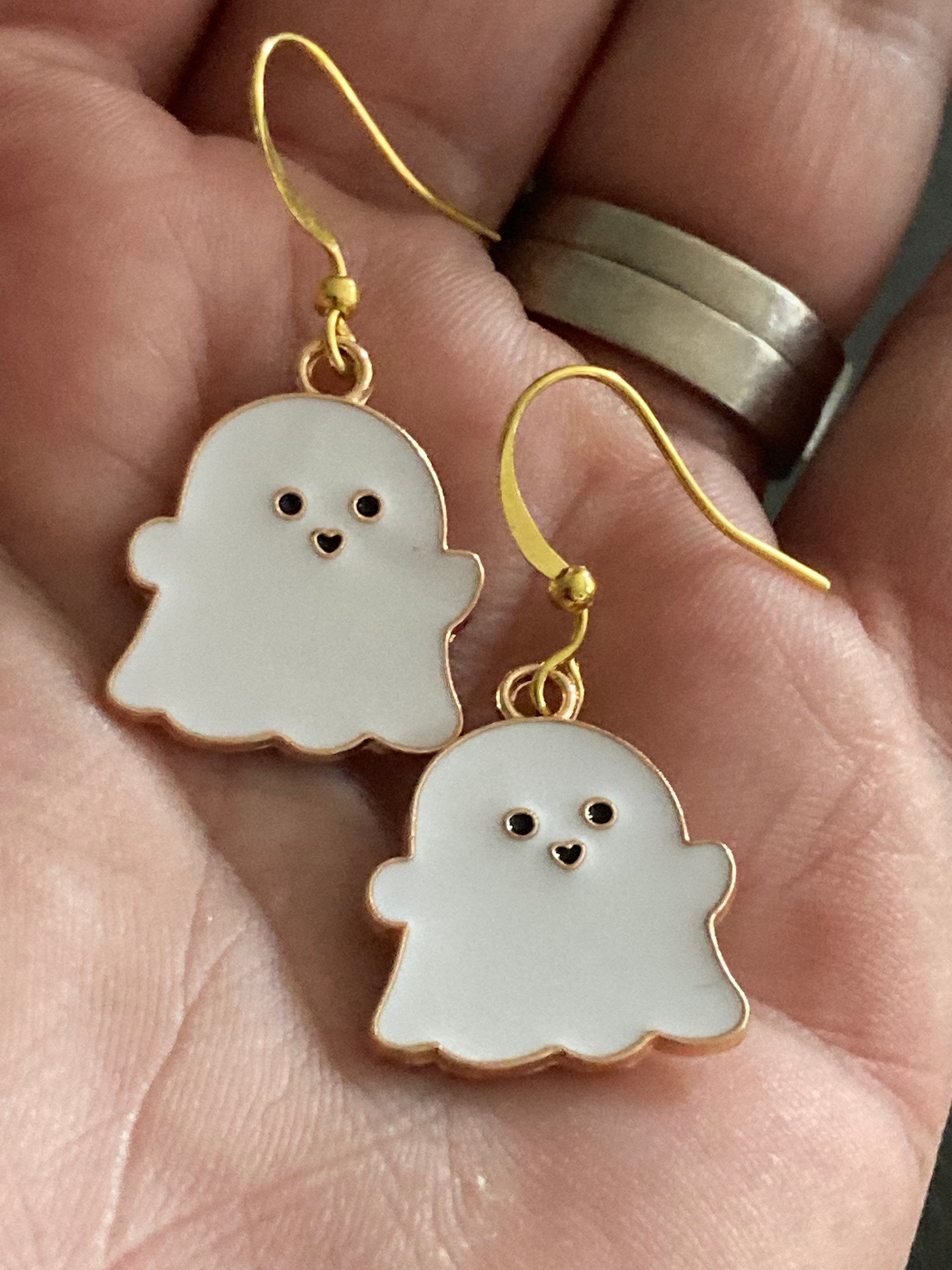 Handmade Novelty gold  white enamel metal cute GHOST spooky drop earrings for pierced ears! Halloween