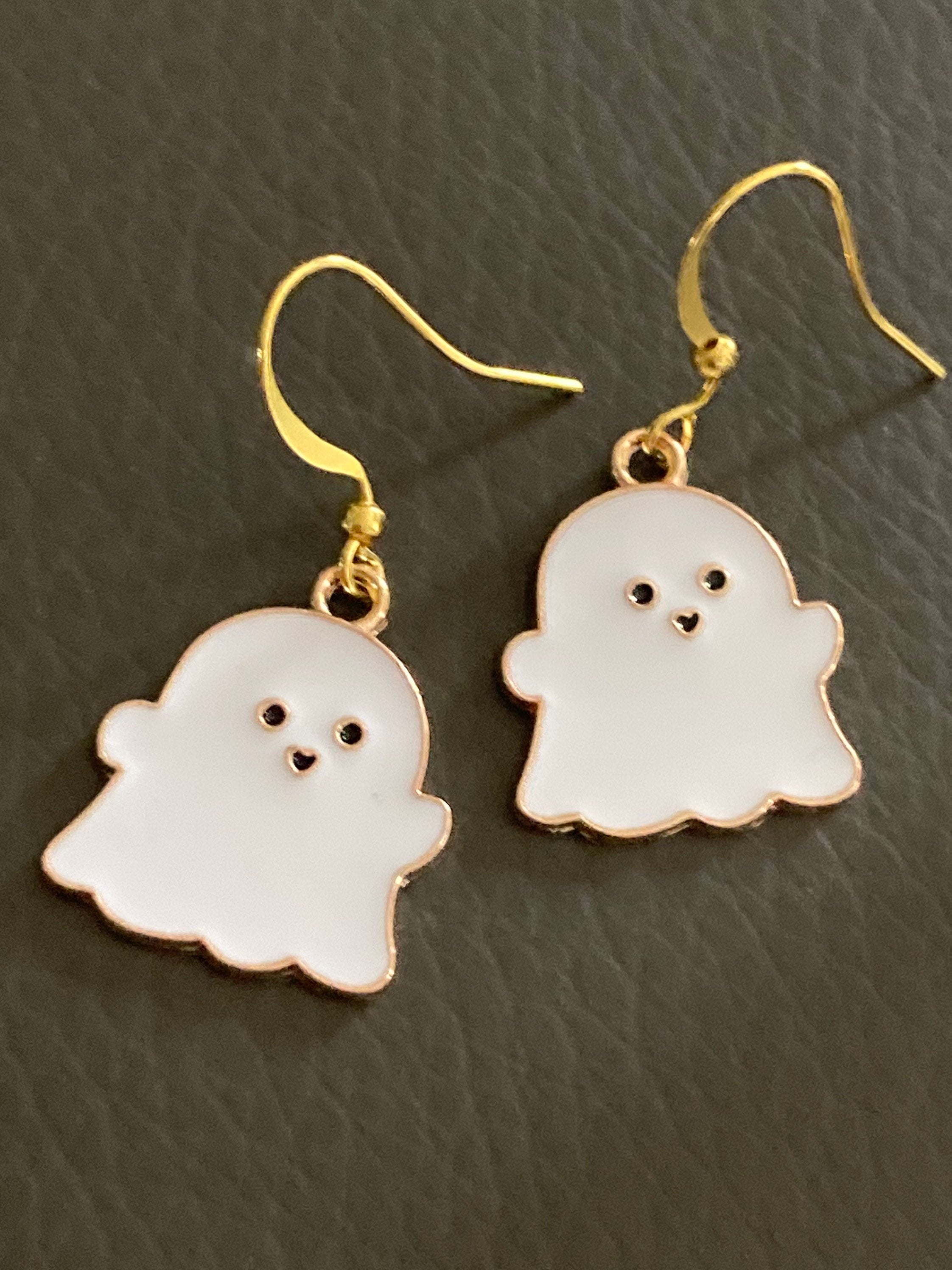 Handmade Novelty gold  white enamel metal cute GHOST spooky drop earrings for pierced ears! Halloween