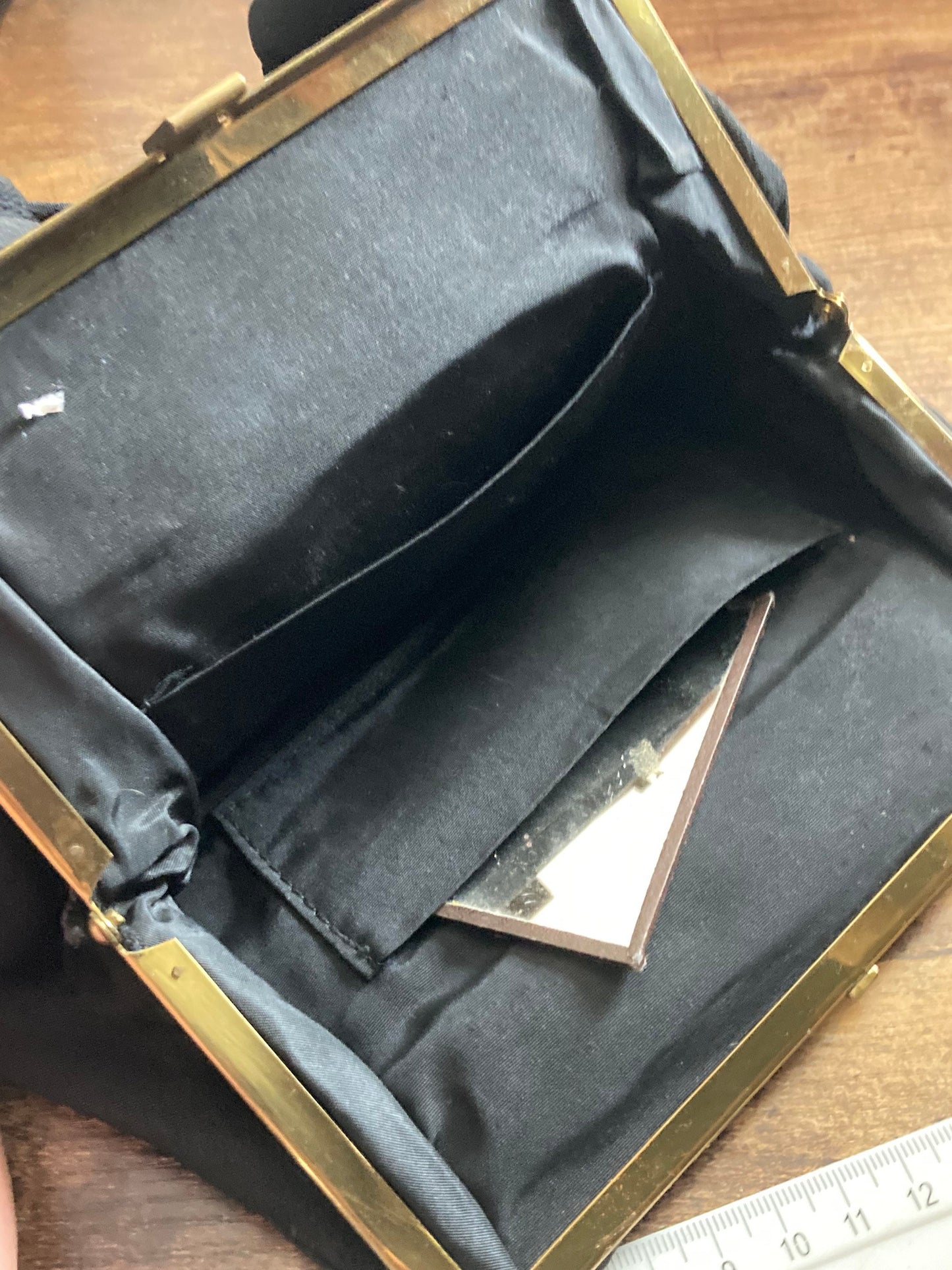 Vintage Art Deco black crepe Evening Bag Purse brass Clasp with mirror
