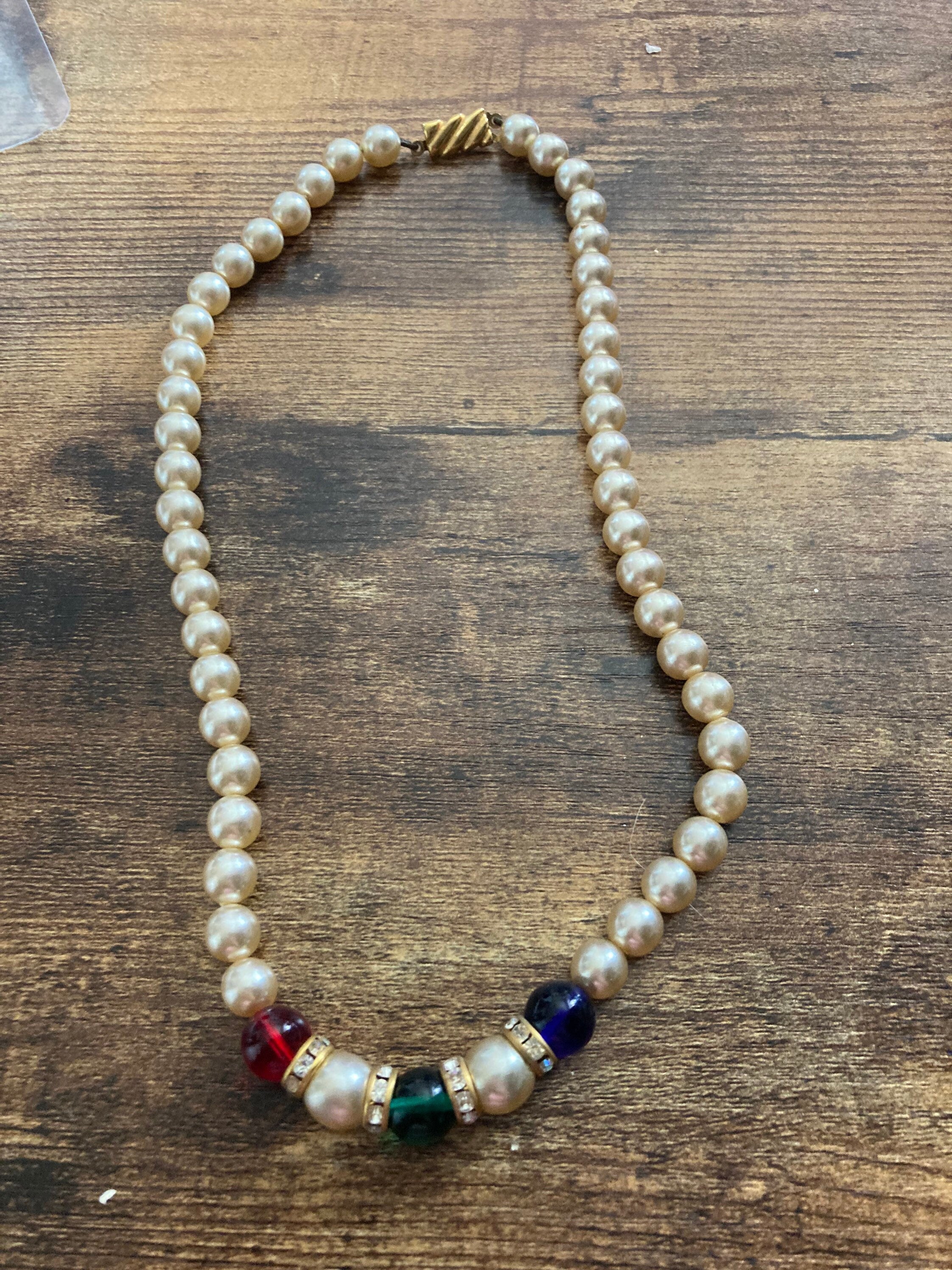 cream glass pearl necklace with emerald sapphire ruby beads and diamanté