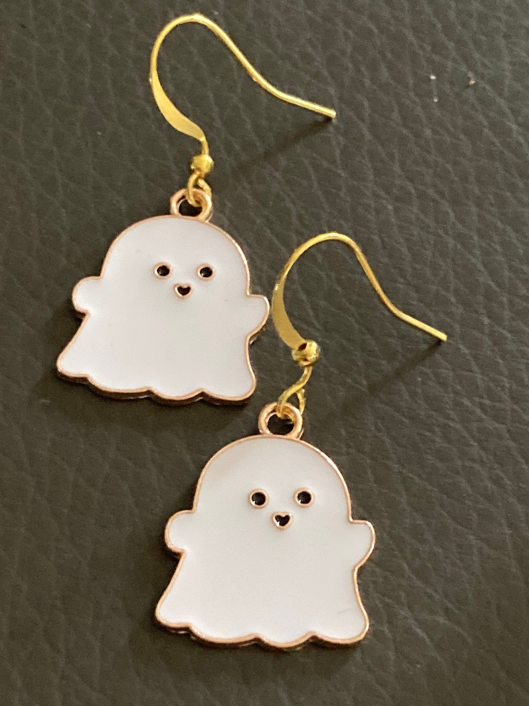 Handmade Novelty gold  white enamel metal cute GHOST spooky drop earrings for pierced ears! Halloween