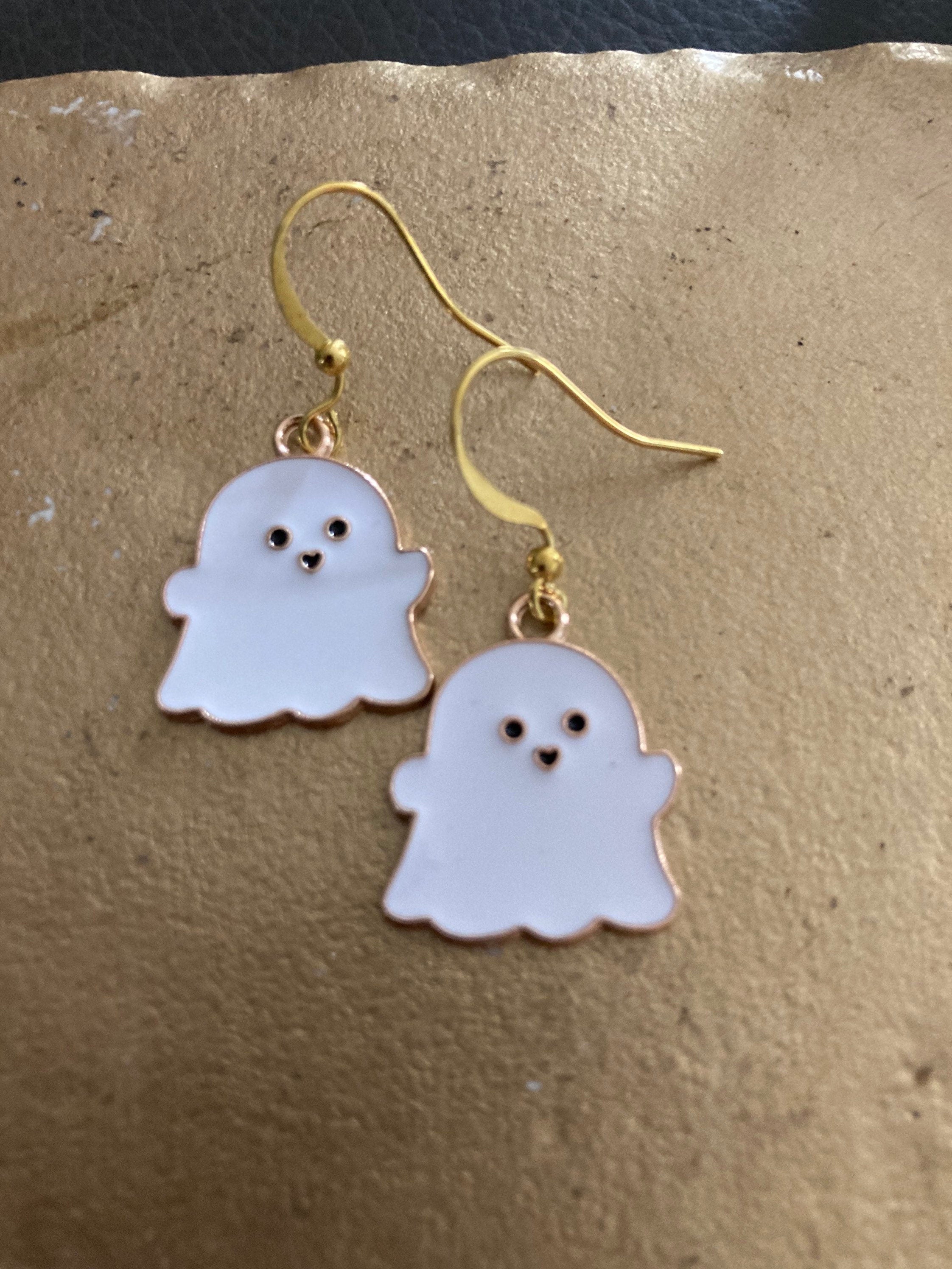 Handmade Novelty gold  white enamel metal cute GHOST spooky drop earrings for pierced ears! Halloween