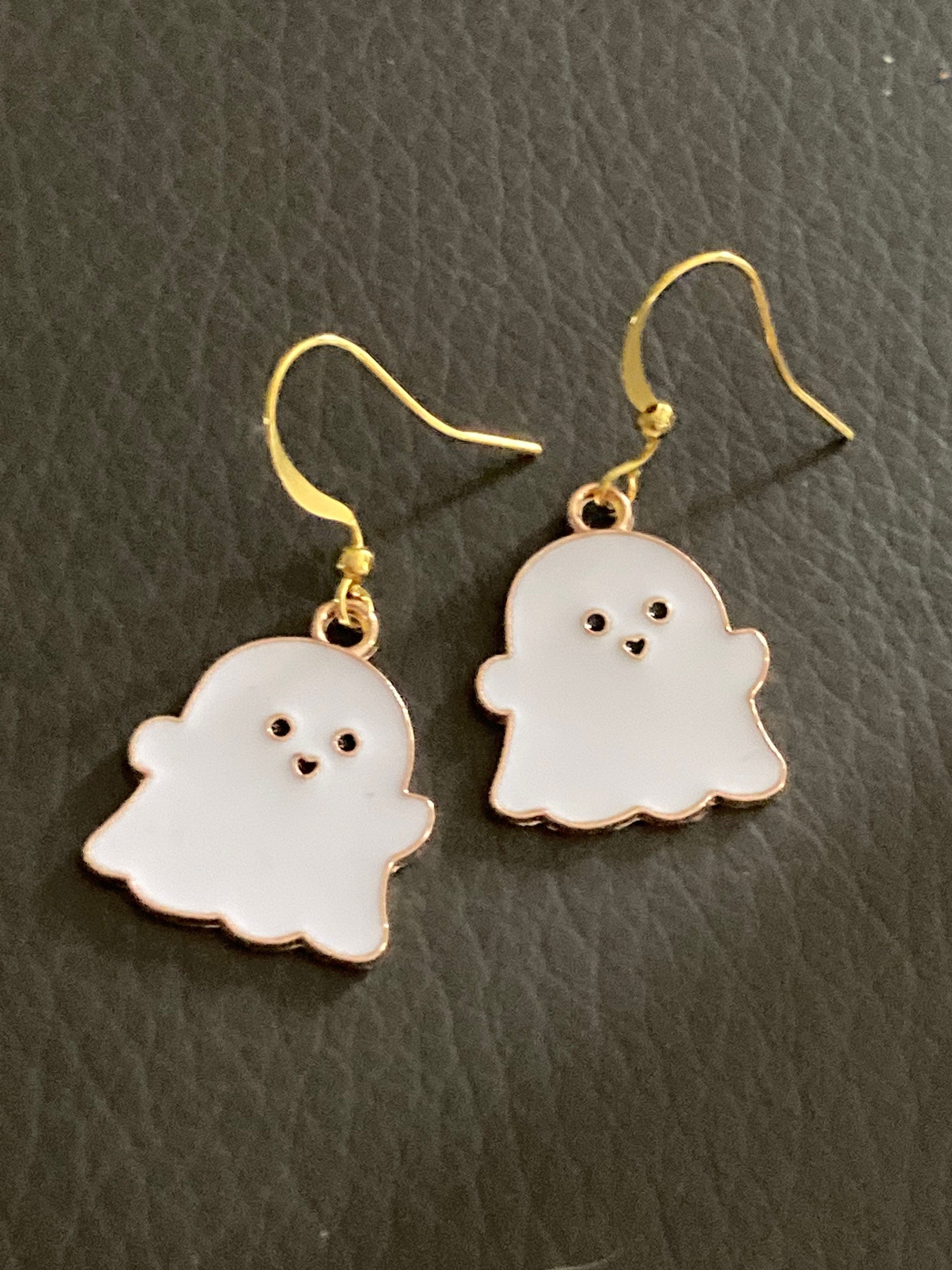 Handmade Novelty gold  white enamel metal cute GHOST spooky drop earrings for pierced ears! Halloween