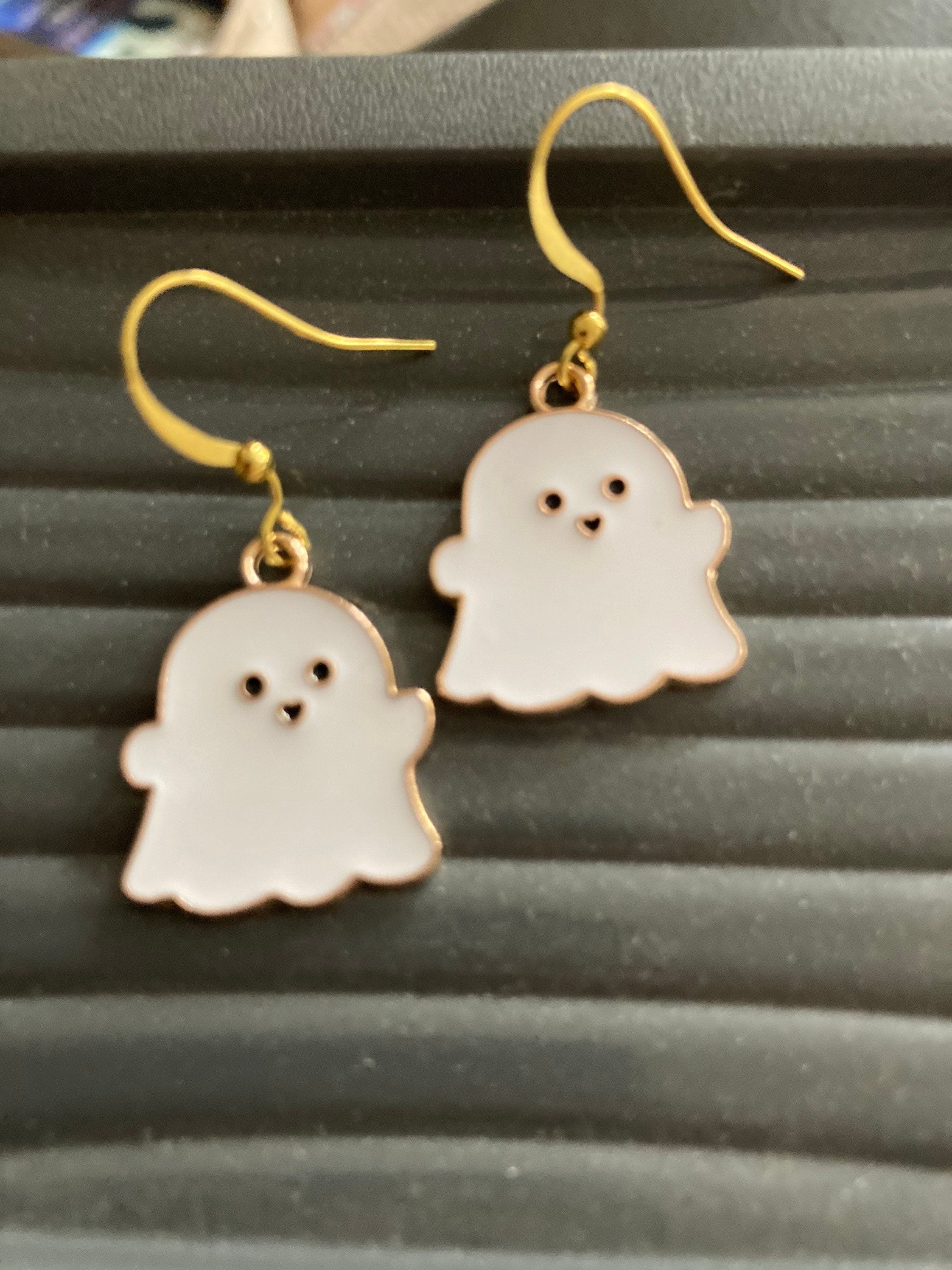 Handmade Novelty gold  white enamel metal cute GHOST spooky drop earrings for pierced ears! Halloween