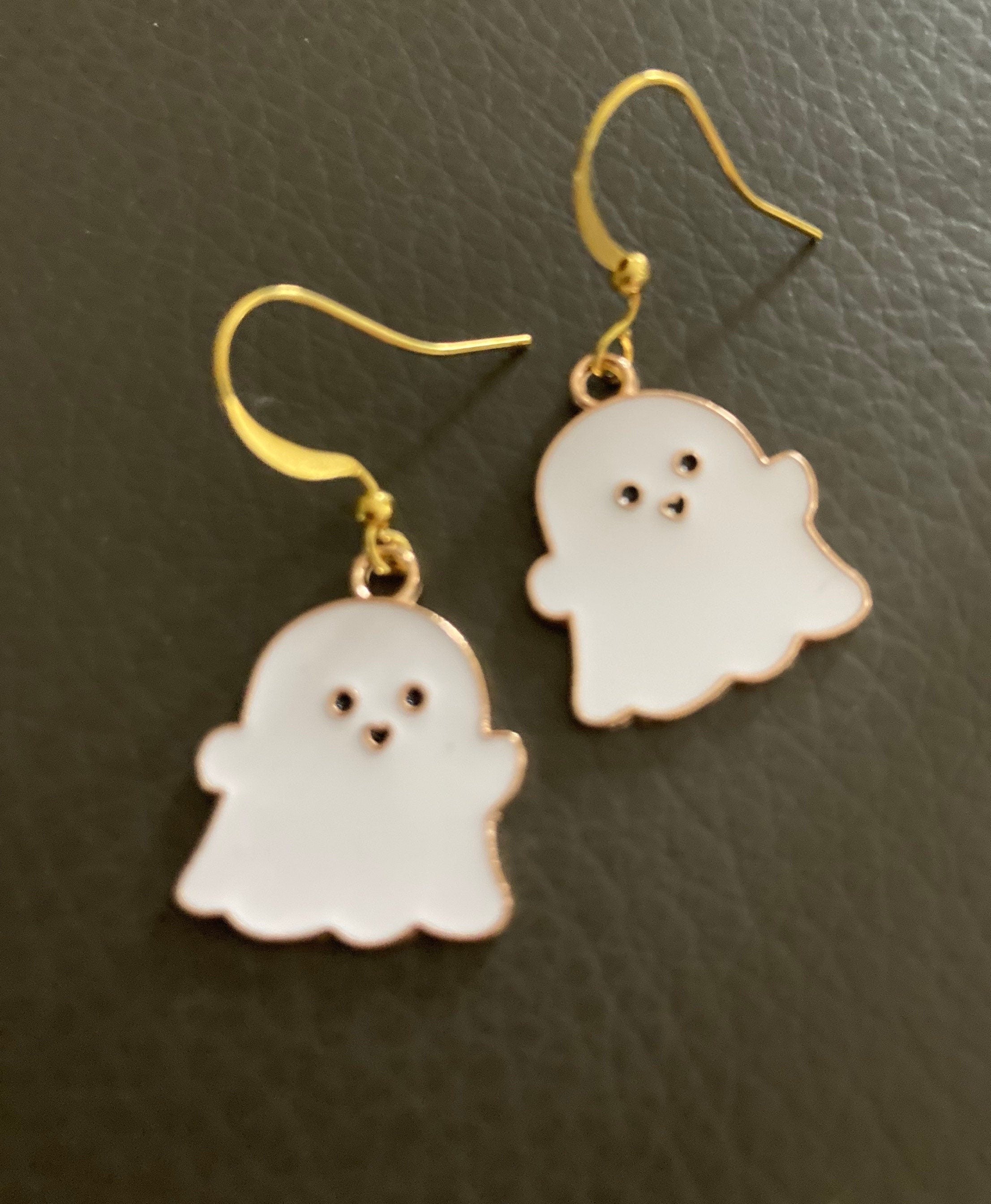 Handmade Novelty gold  white enamel metal cute GHOST spooky drop earrings for pierced ears! Halloween