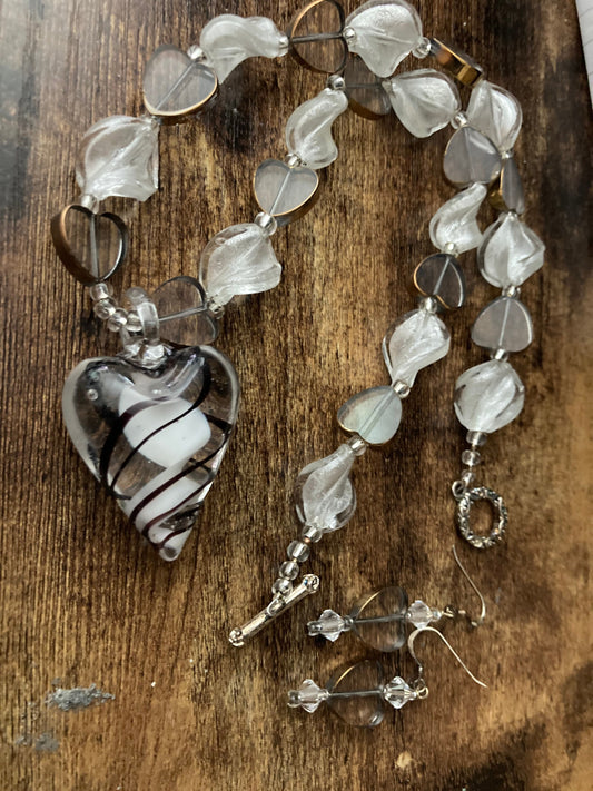 white clear bronze poured glass crystal heart necklace & matching earrings Sterling 925 clasps and ear wires