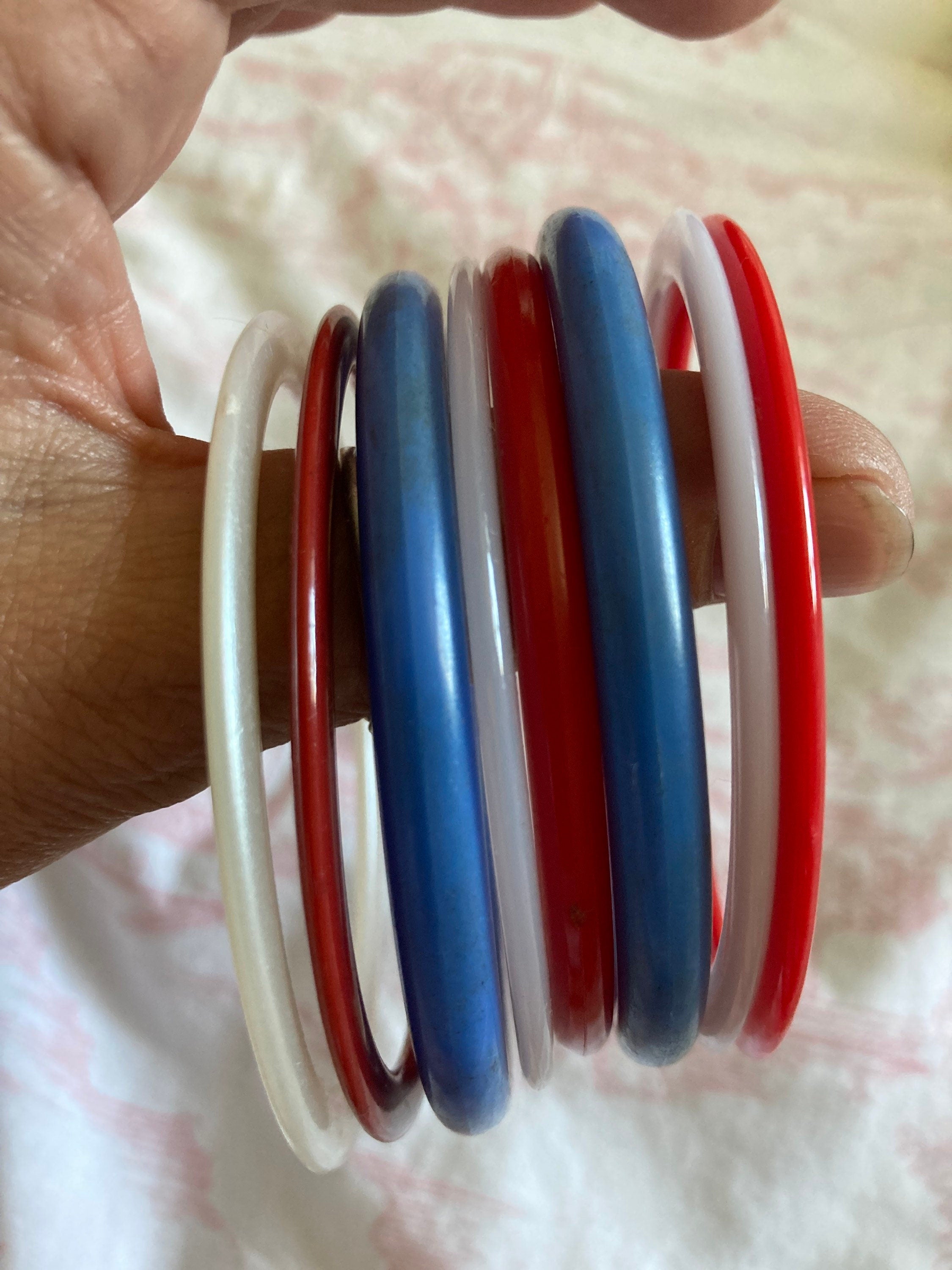 RED WHITE BLUE stack of retro plastic bangles