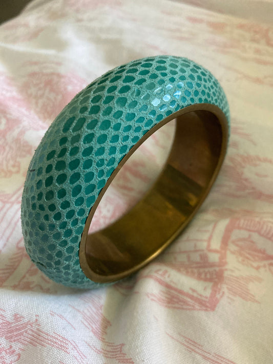 Faux shagreen green brass wide cuff bangle bracelet