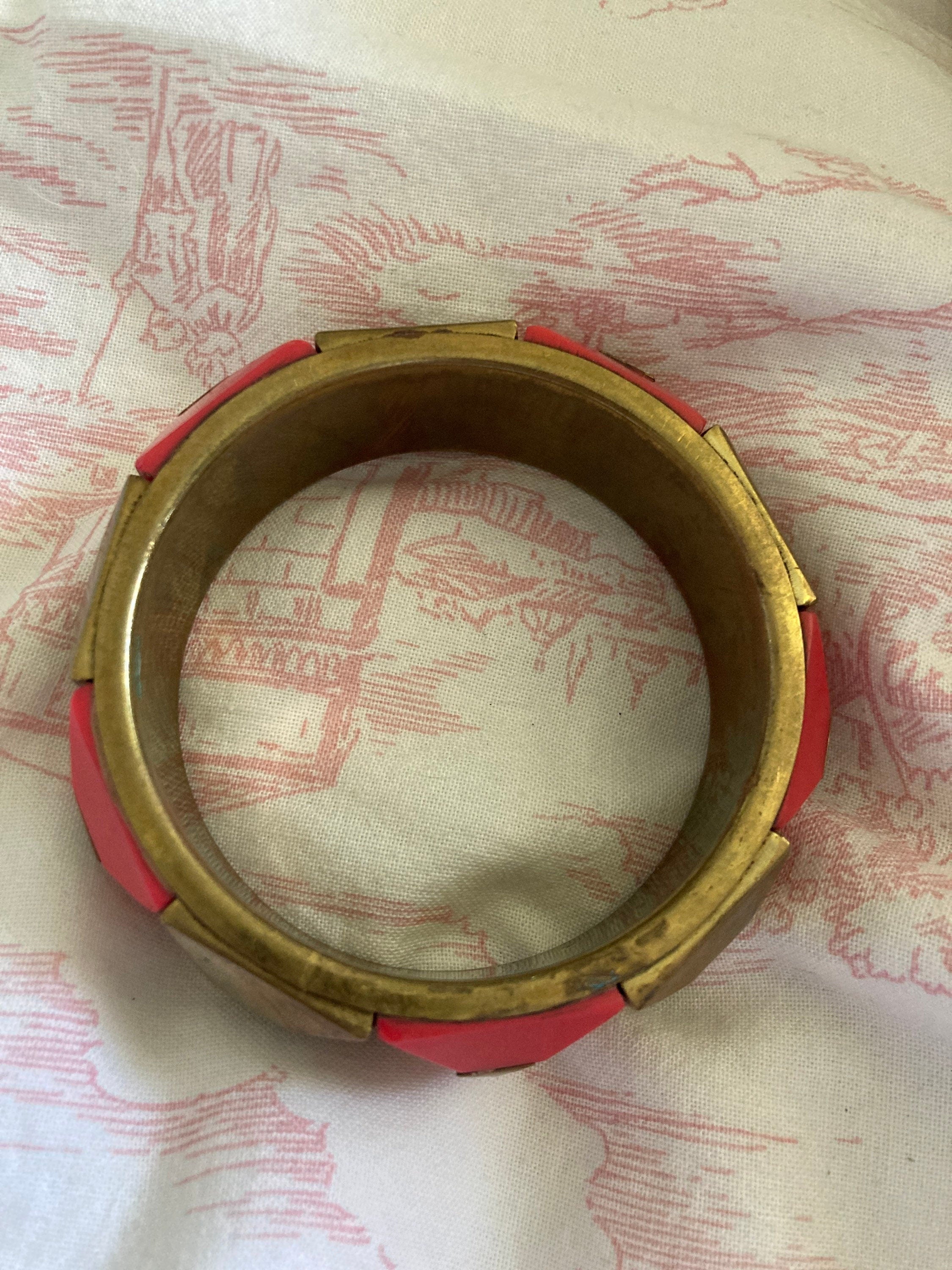 Vintage big chunky wide bright red and gold bangle, plastic and metal