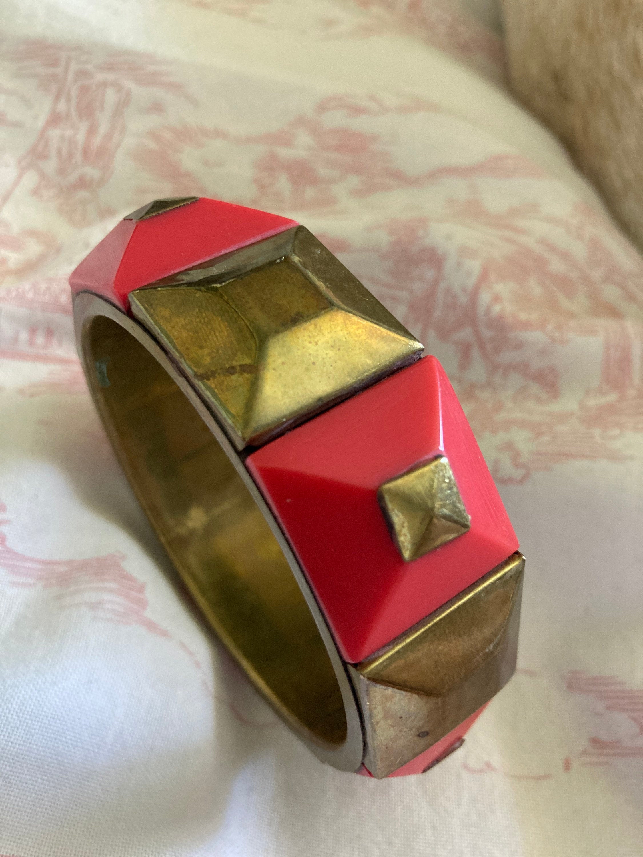 Vintage big chunky wide bright red and gold bangle, plastic and metal