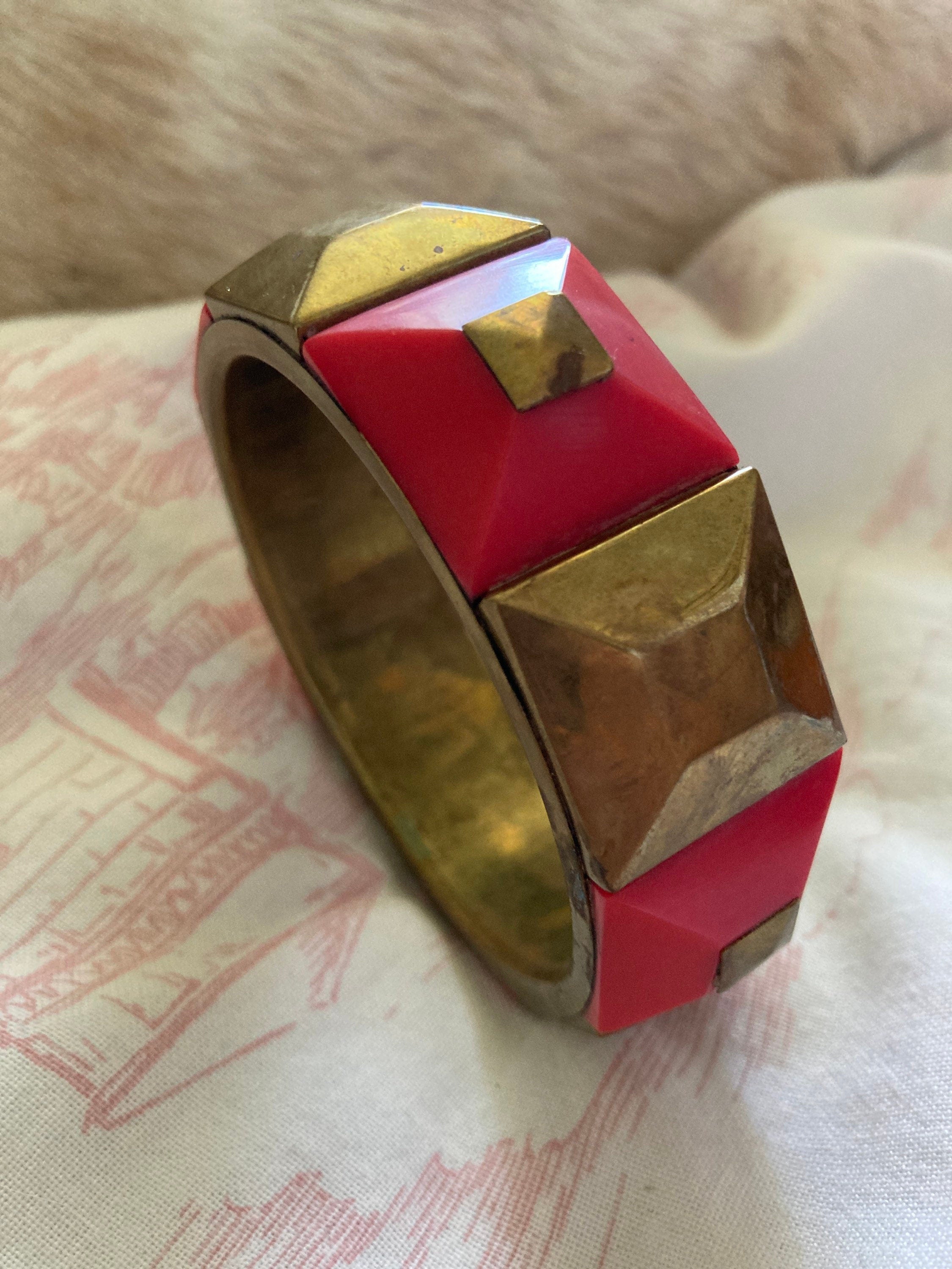 Vintage big chunky wide bright red and gold bangle, plastic and metal