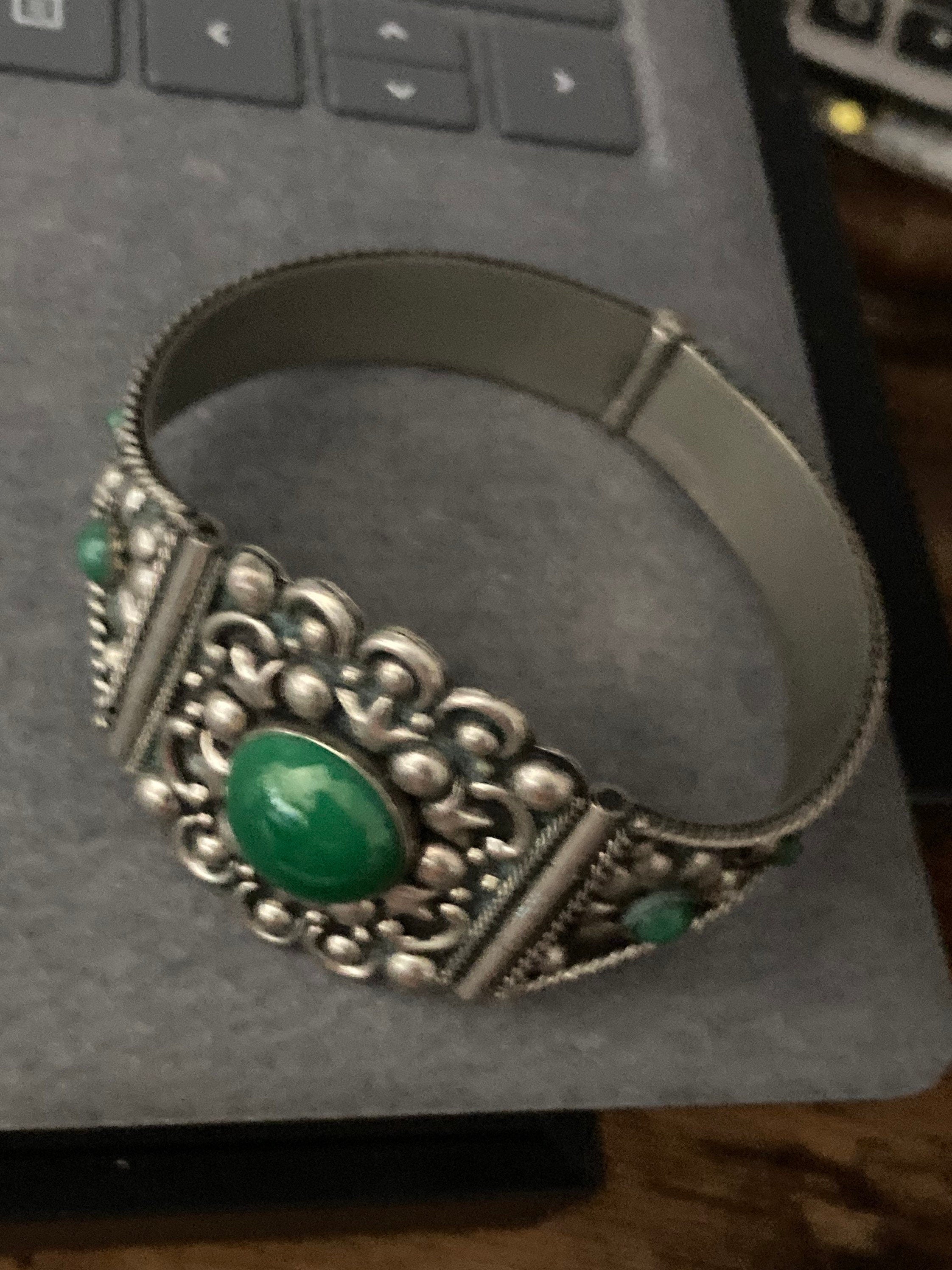 Antique Eastern Arabic silver metal bangle bracelet green glass or gemstone cabochon