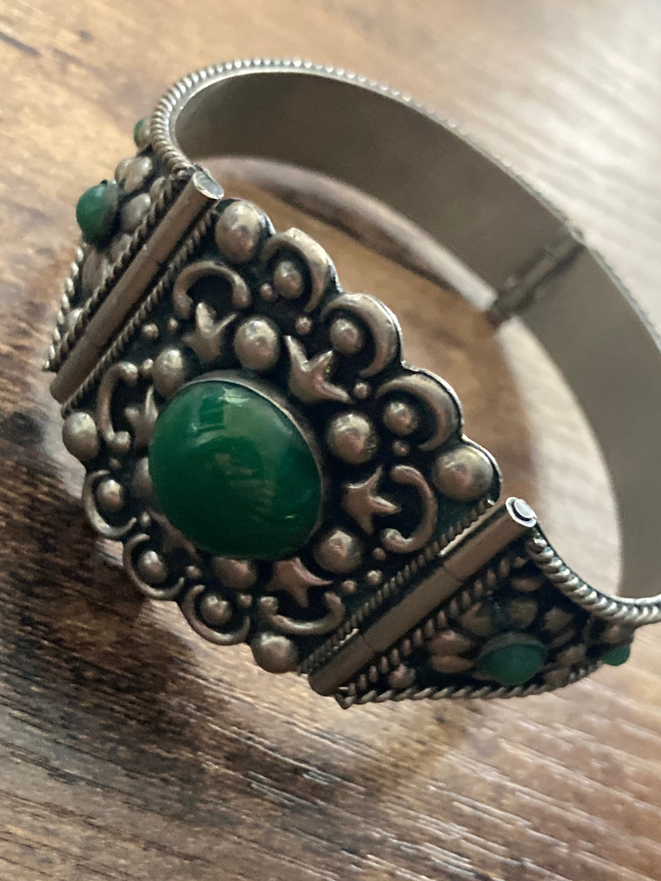 Antique Eastern Arabic silver metal bangle bracelet green glass or gemstone cabochon