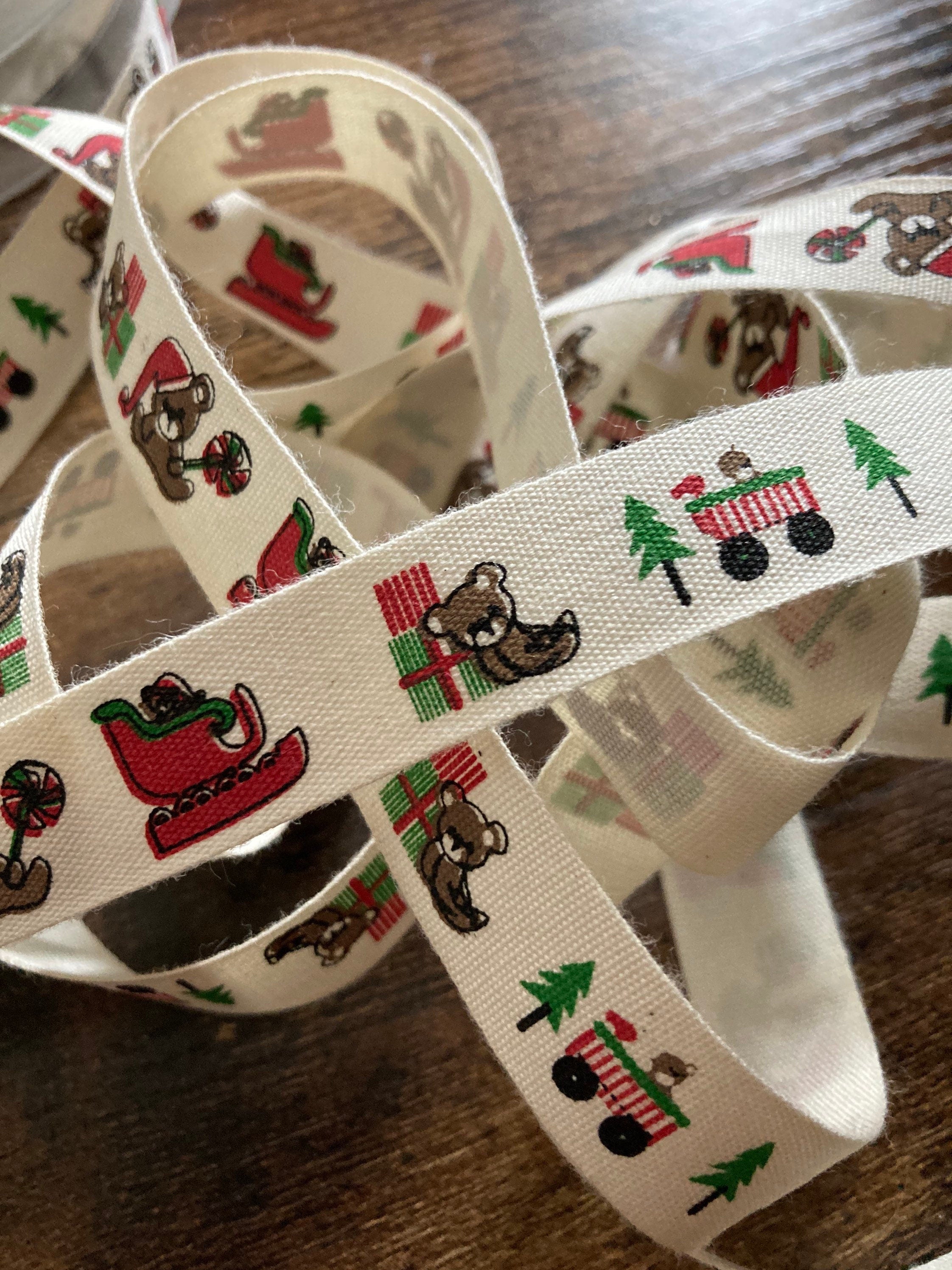 50cm of 15mm cream natural cotton ribbon traditional Christmas Santa toy print