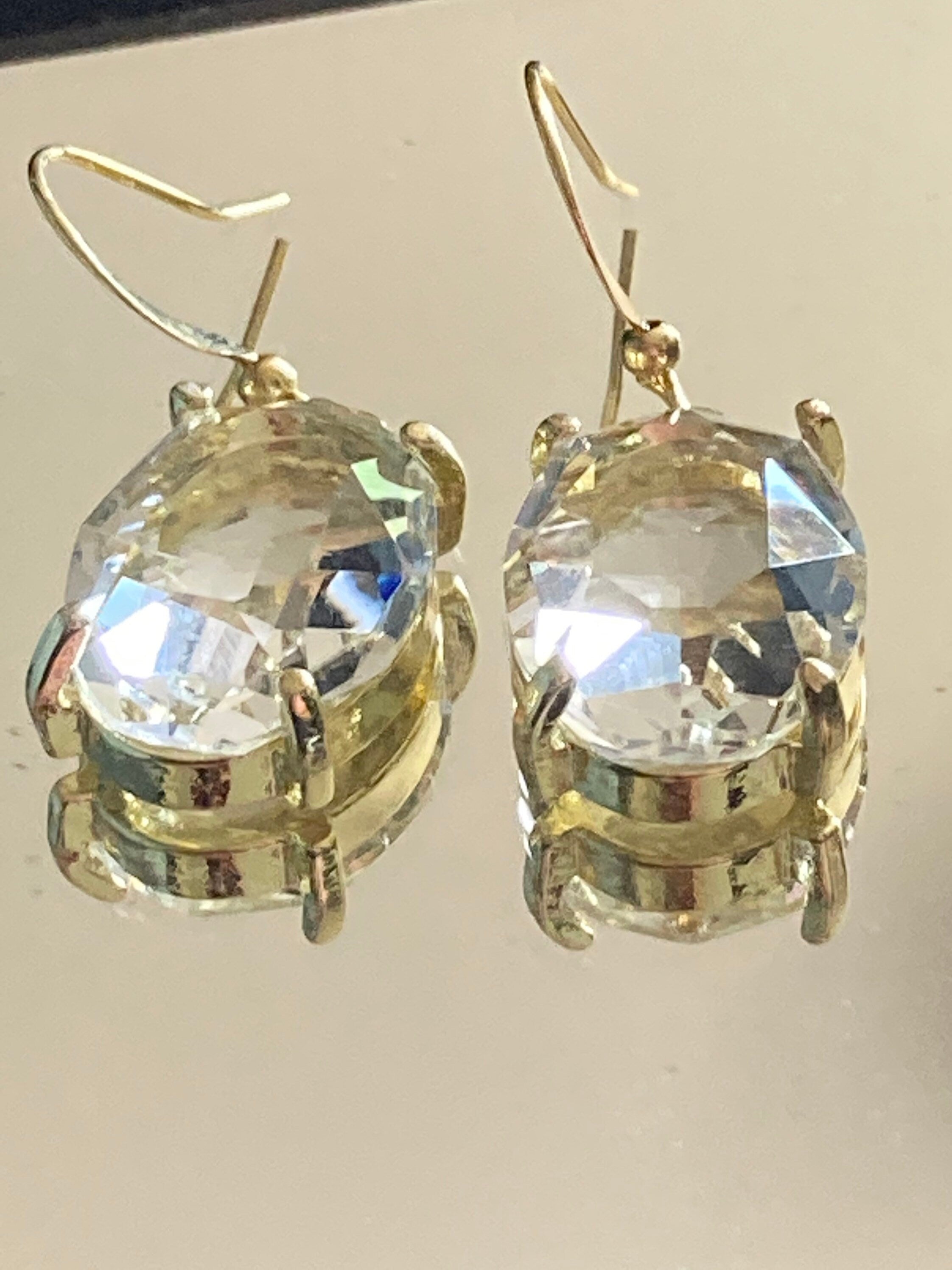 Gold tone large oval faceted crystal diamanté rhinestone earrings