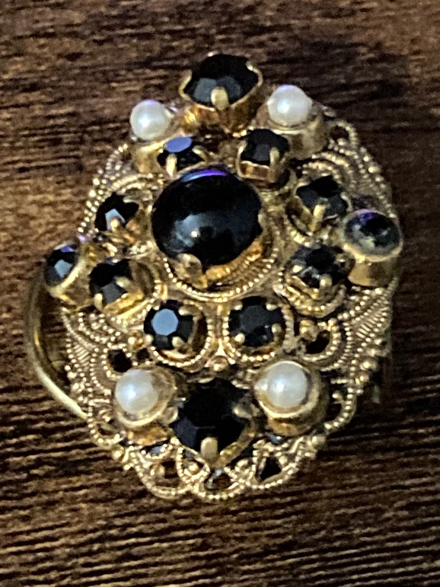 Vintage czech brass filigree Gold faux Pearl black rhinestone Paste Set Scarf Clip