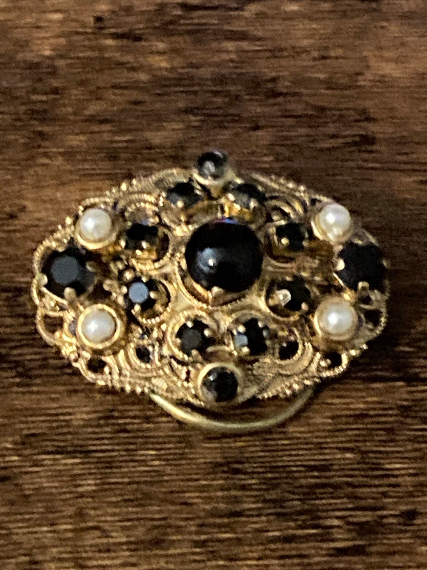 Vintage czech brass filigree Gold faux Pearl black rhinestone Paste Set Scarf Clip