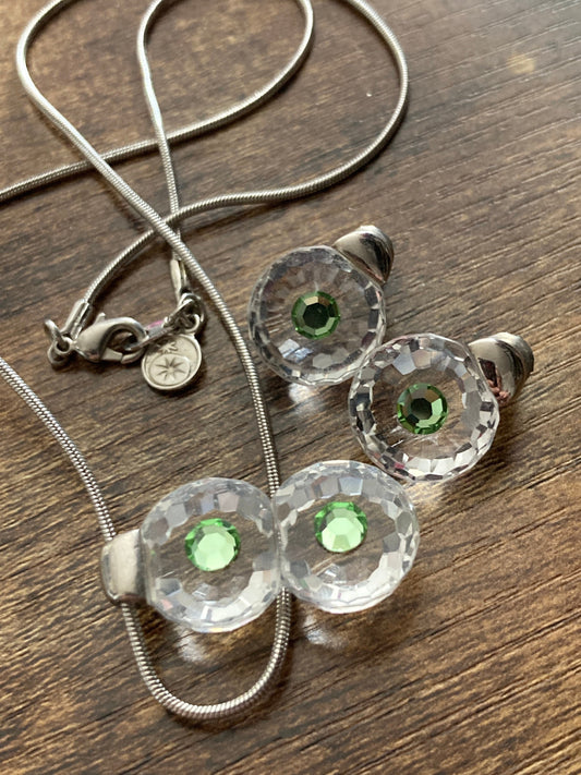 Retro czech made signed PRECIOSA rhodium plated clear and peridot green crystal pendant necklace & matching stud earrings for pierced ears