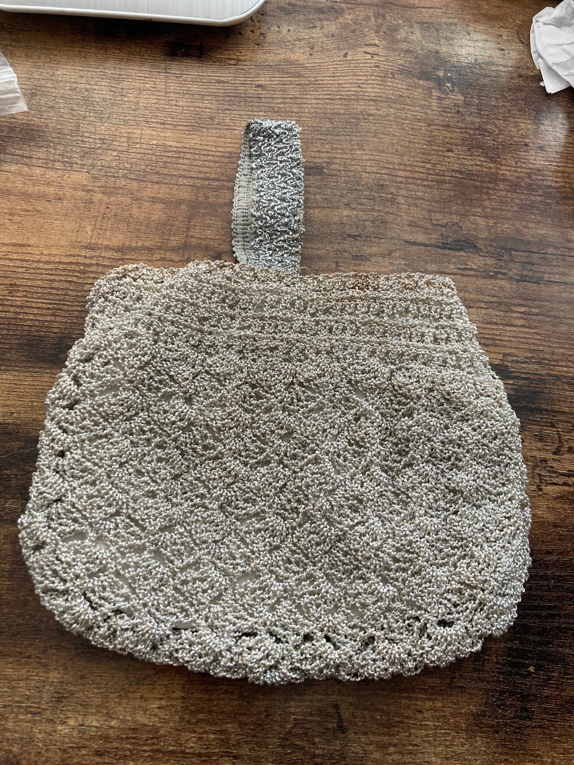 Retro Vintage handmade crocheted Silver Lurex metallic Evening Bag Purse