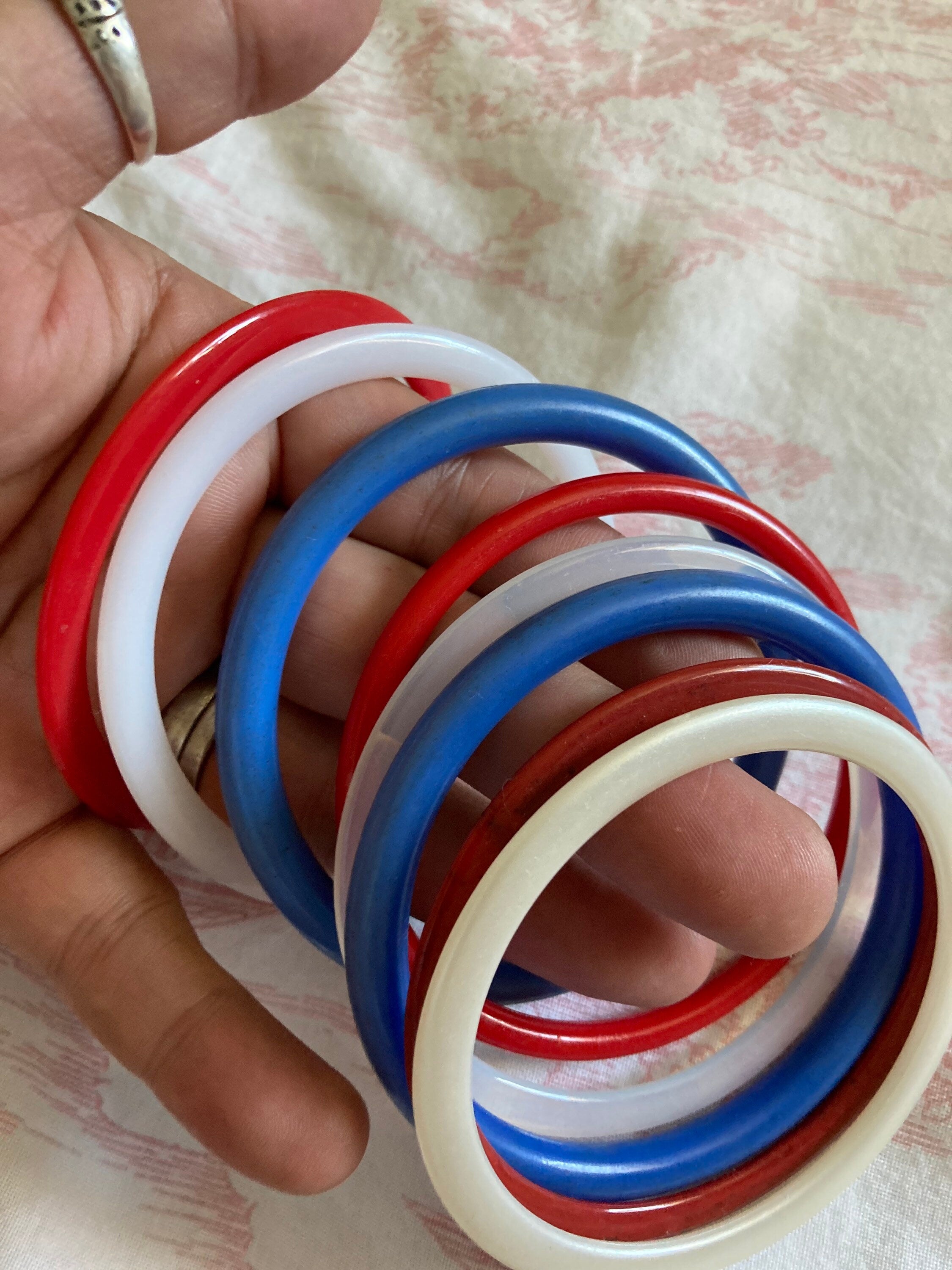 RED WHITE BLUE stack of retro plastic bangles