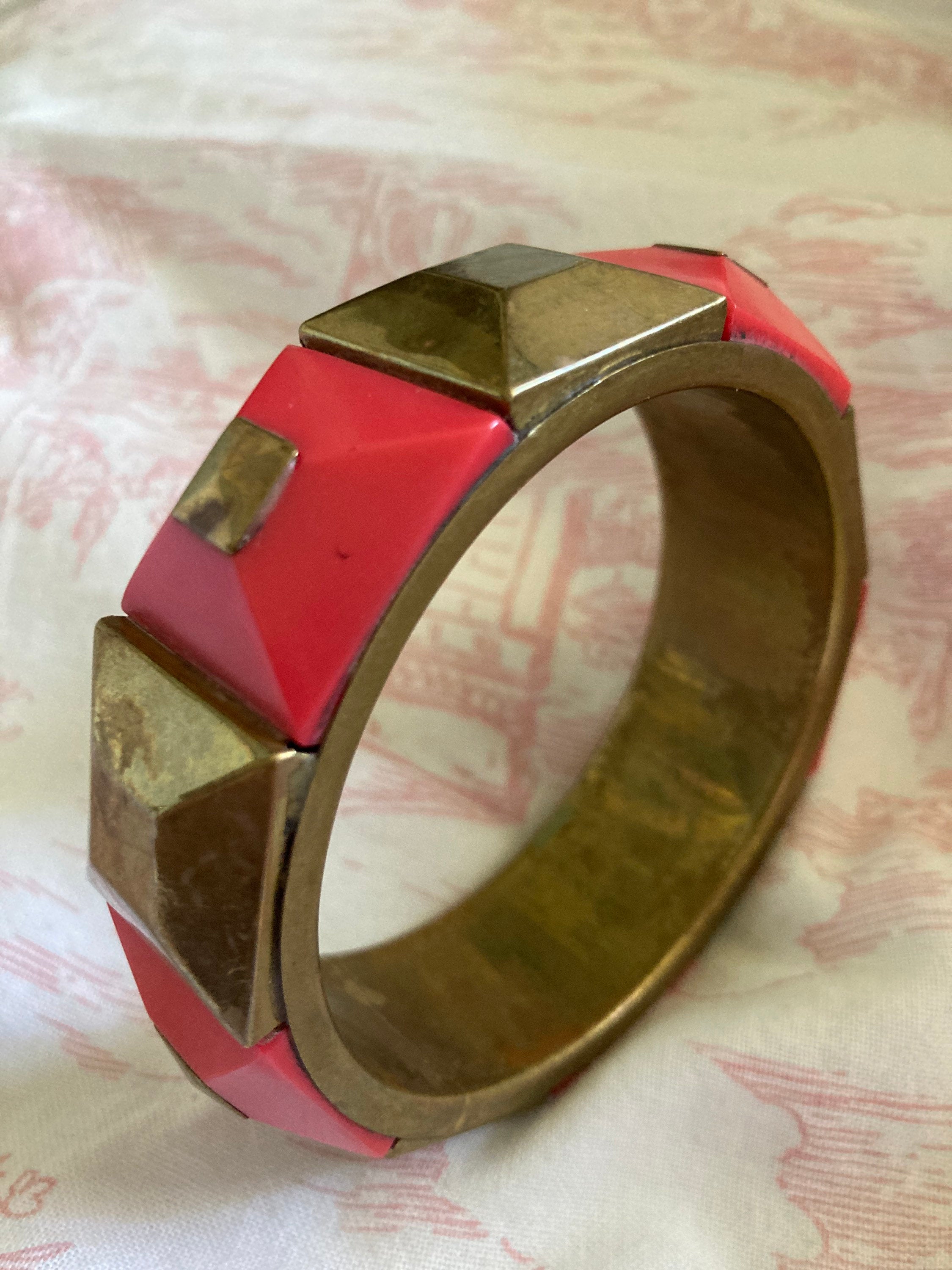 Vintage big chunky wide bright red and gold bangle, plastic and metal