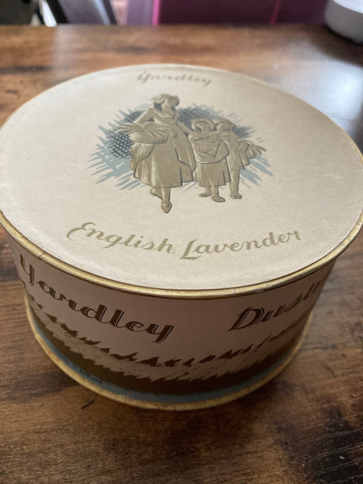 Vintage large round box of Yardley Dusting Powder English Lavender with puff