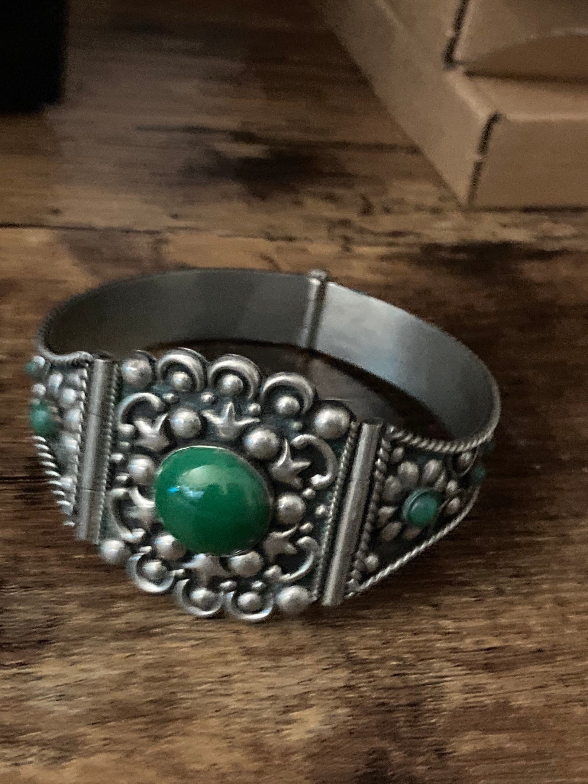 Antique Eastern Arabic silver metal bangle bracelet green glass or gemstone cabochon