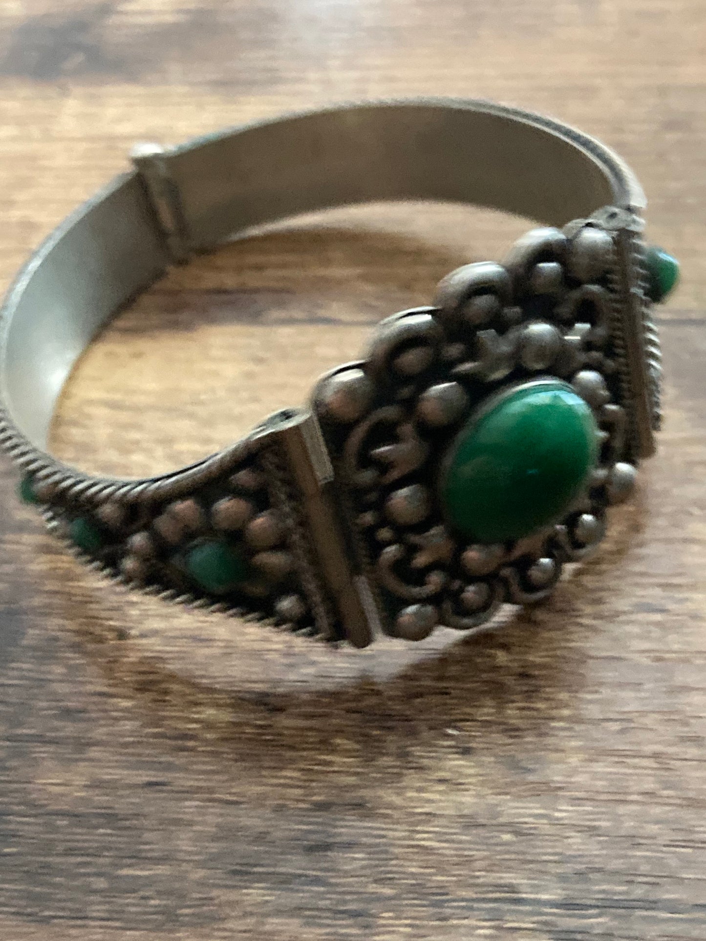 Antique Eastern Arabic silver metal bangle bracelet green glass or gemstone cabochon