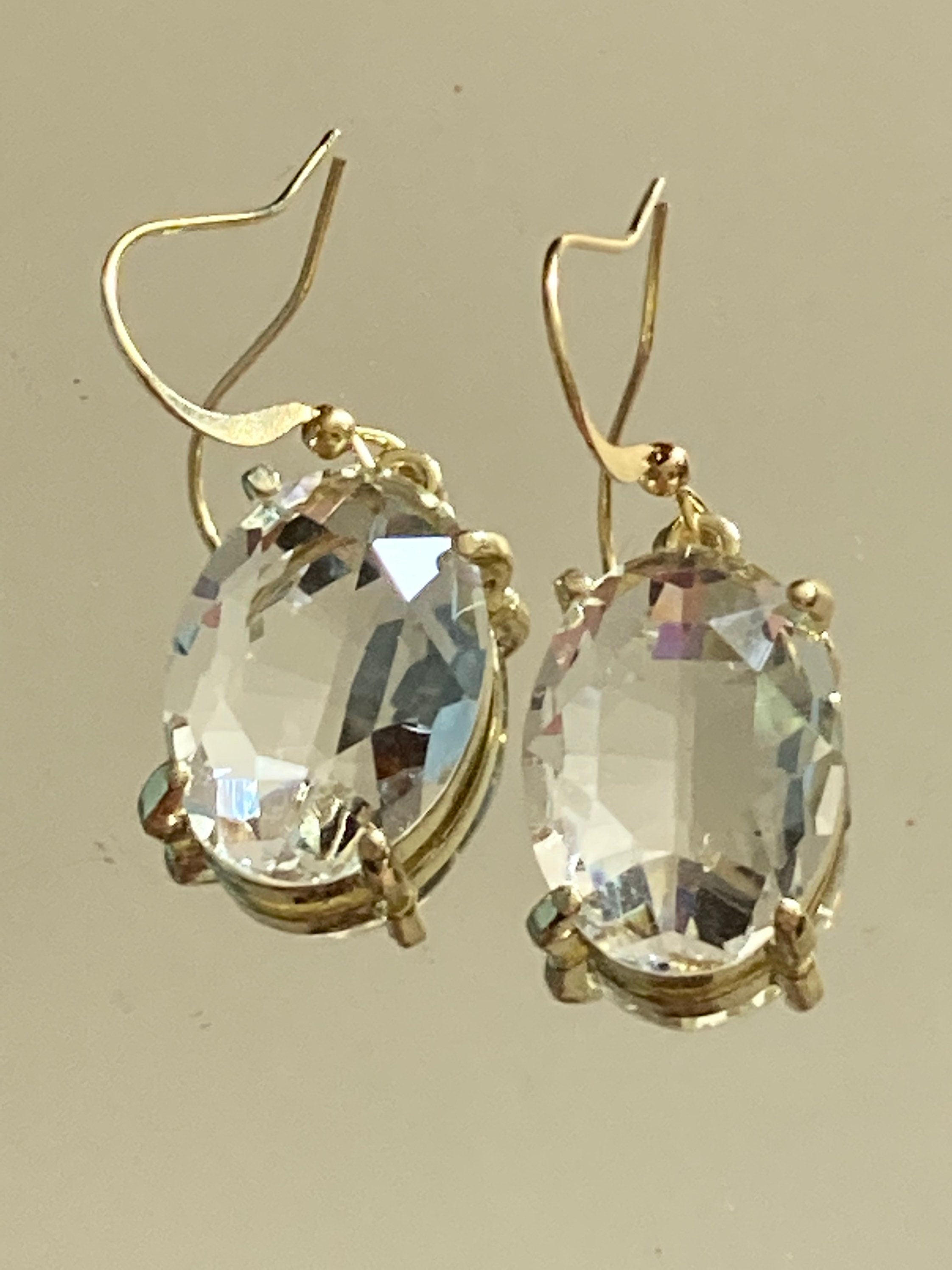 Gold tone large oval faceted crystal diamanté rhinestone earrings