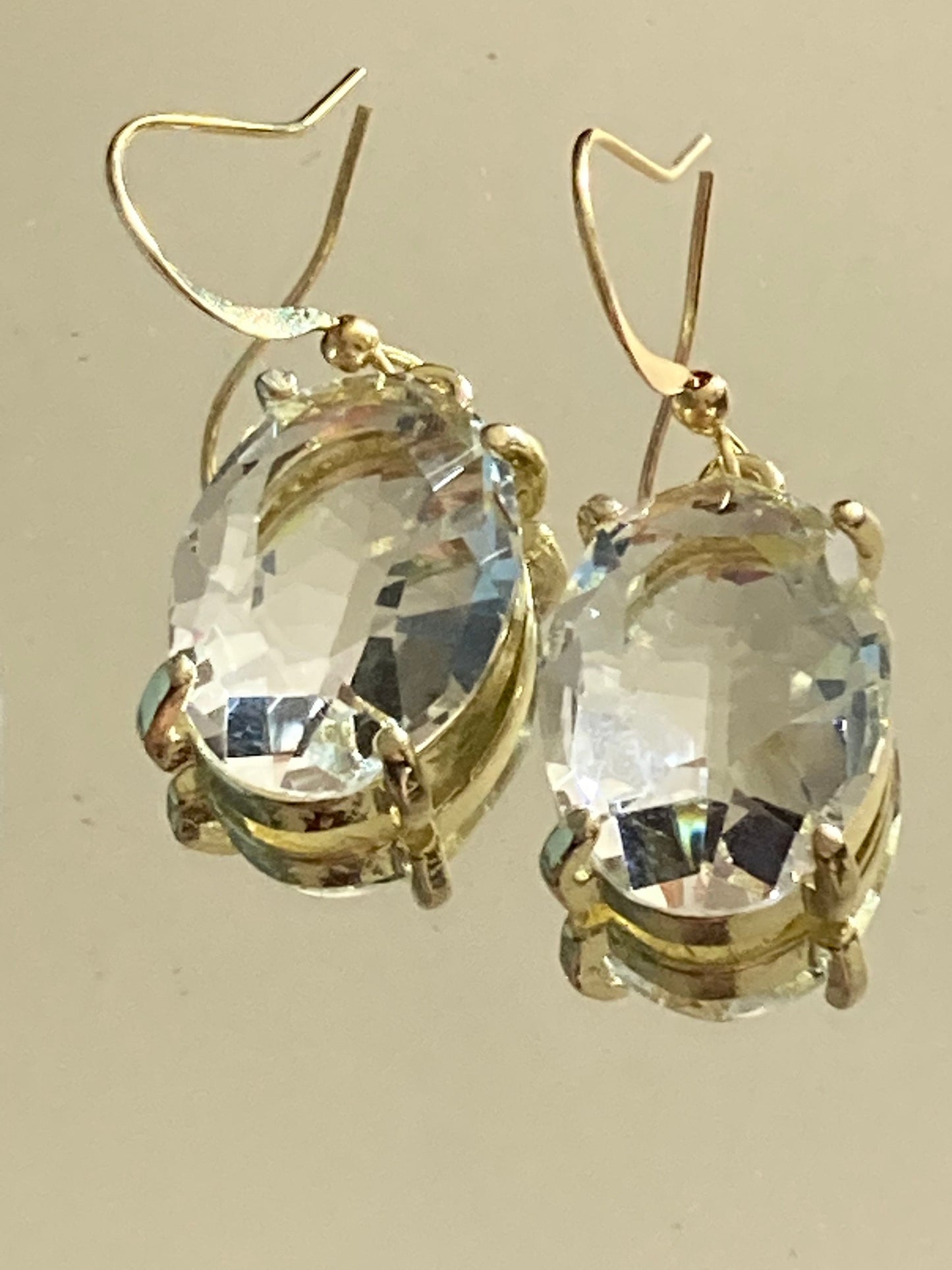 Gold tone large oval faceted crystal diamanté rhinestone earrings