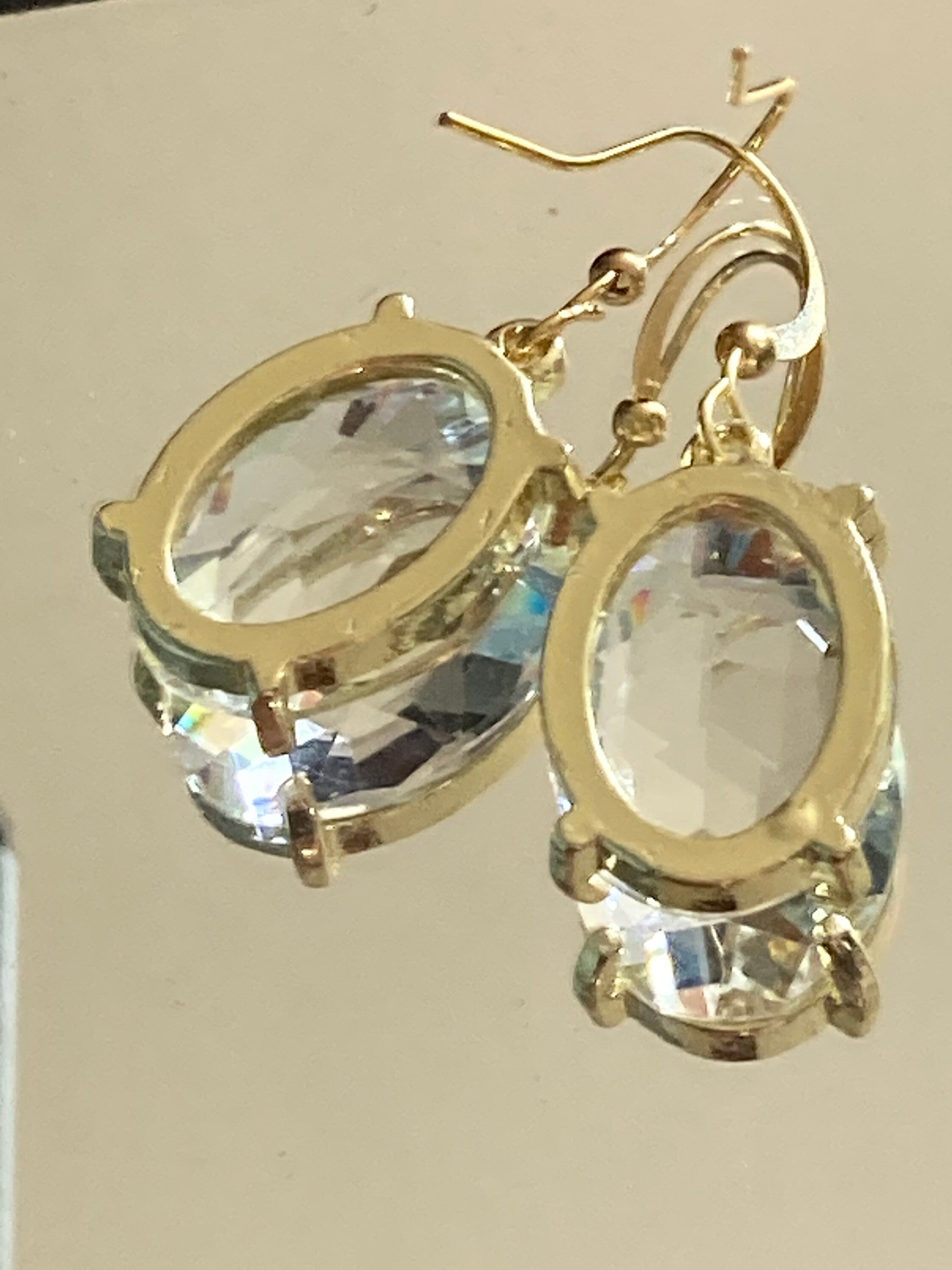 Gold tone large oval faceted crystal diamanté rhinestone earrings