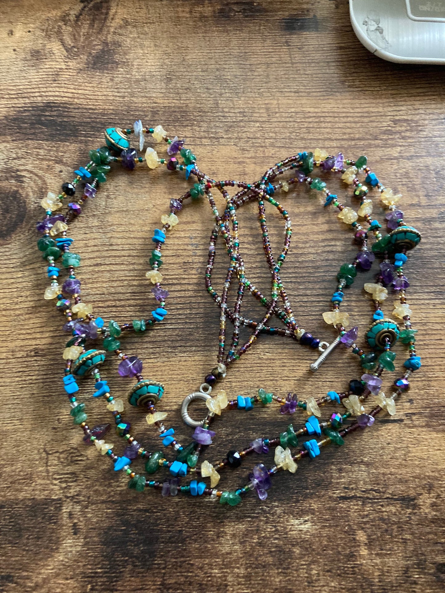 Eastern beaded necklace with turquoise cream amethyst gemstones