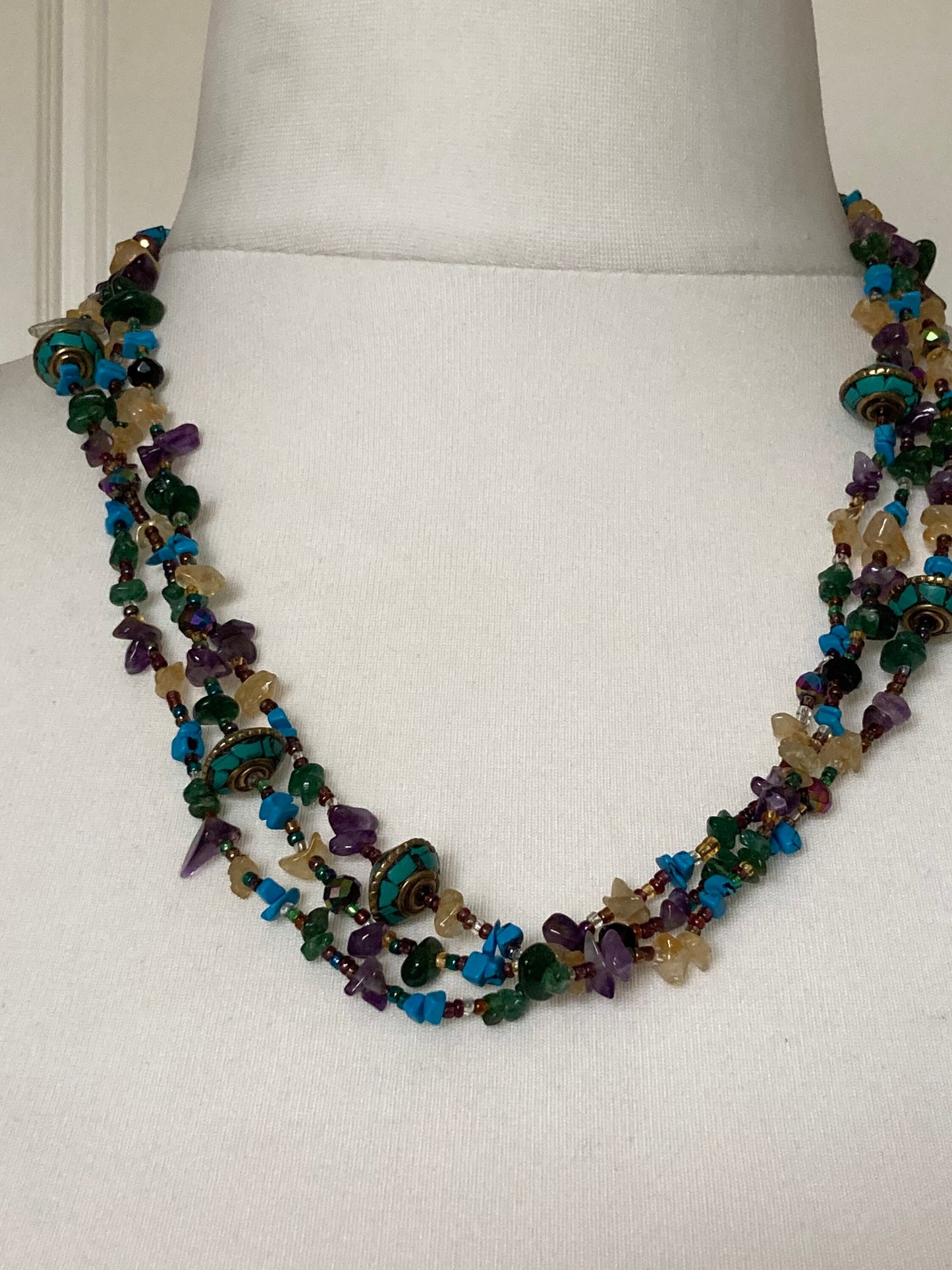 Eastern beaded necklace with turquoise cream amethyst gemstones