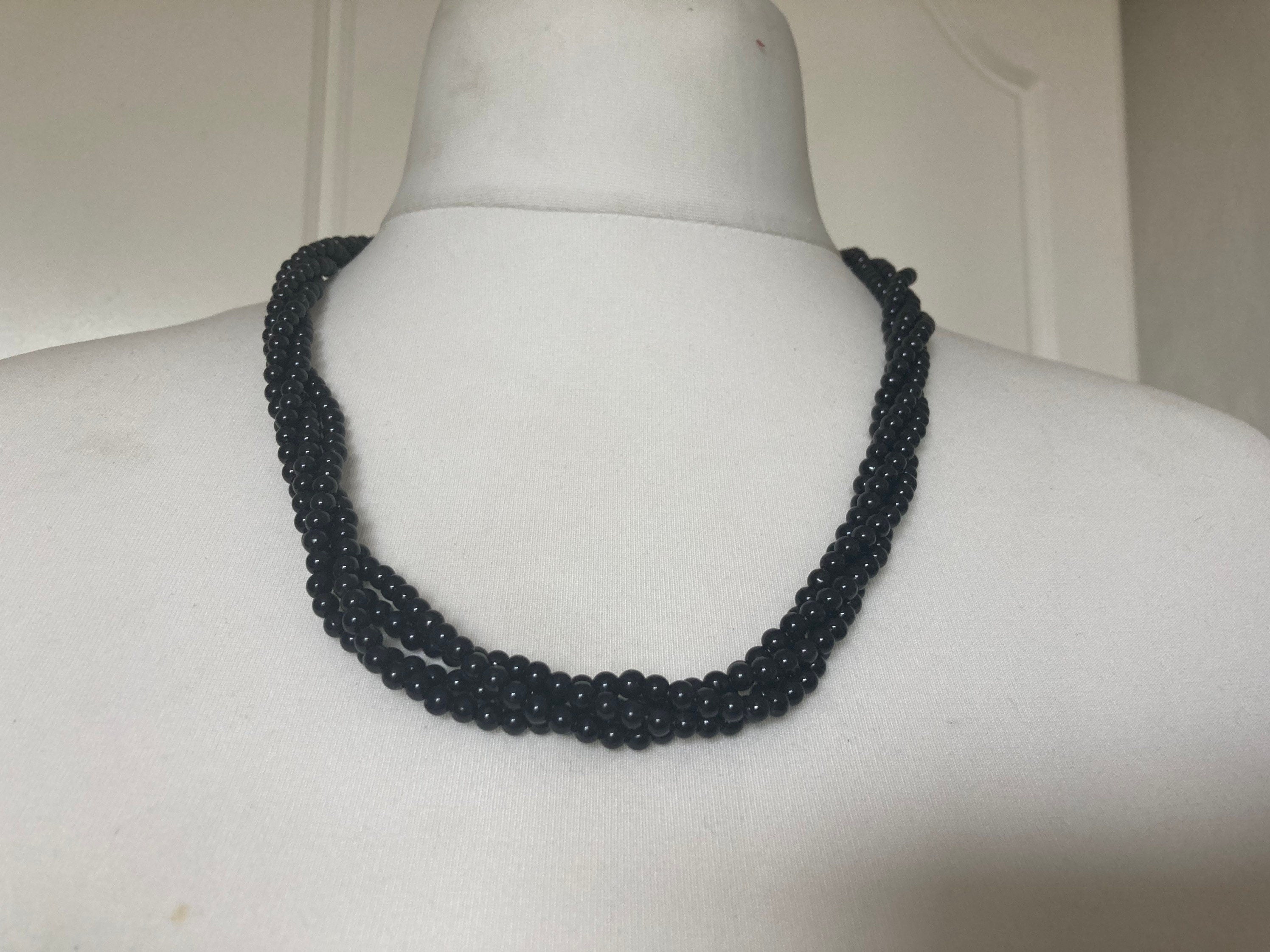 Vintage black plastic beaded twisted multi strand choker necklace