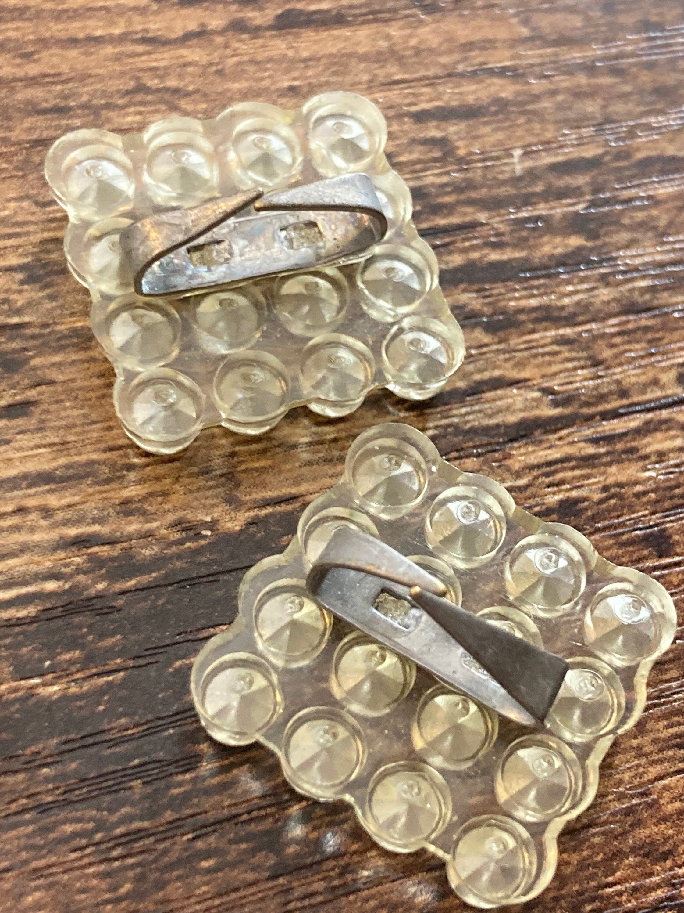 Vintage celluloid pair of square plastic shoe clips diamanté