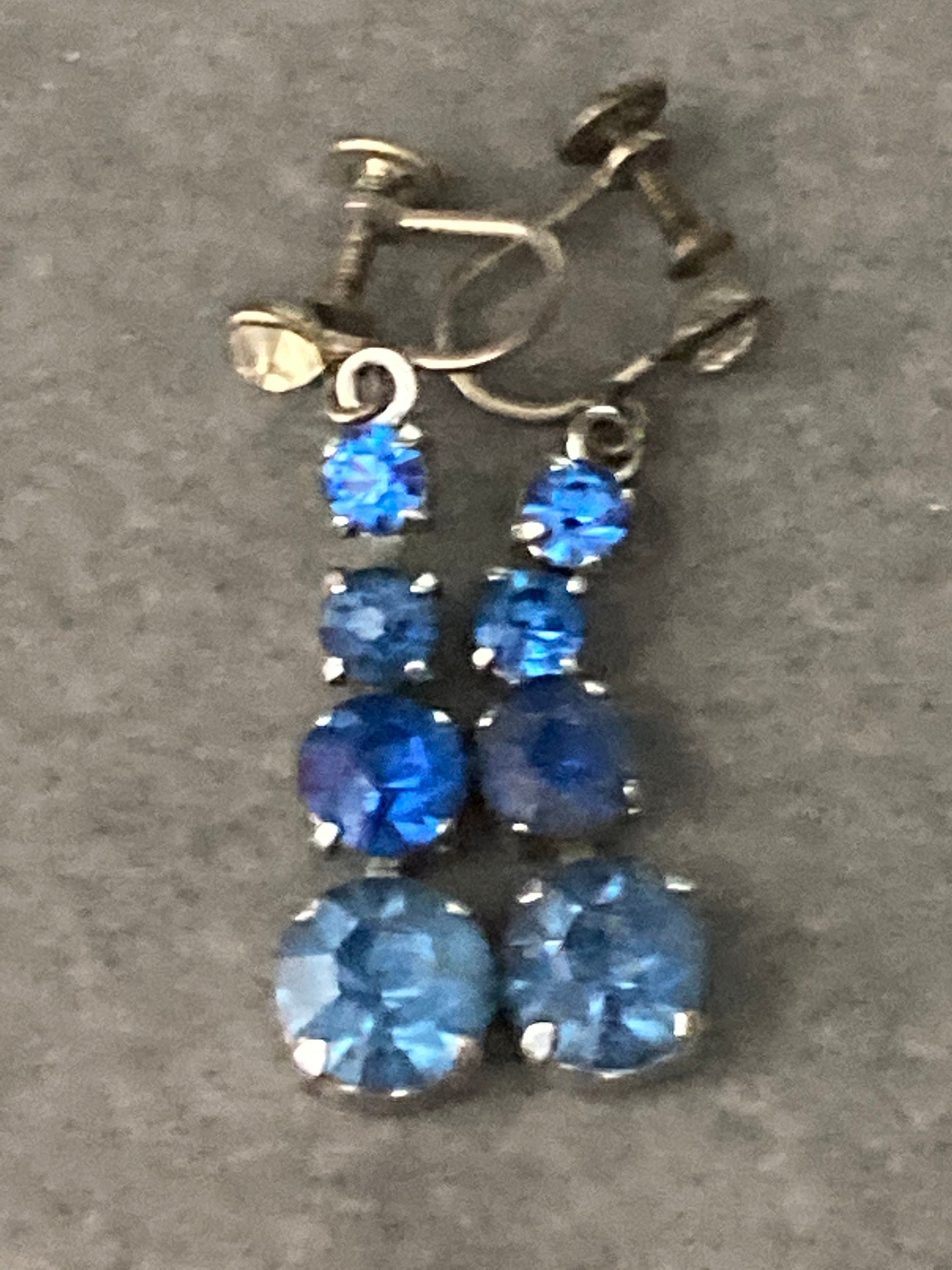 vintage drop Clip On Earrings faux Sapphire blue rhinestone Diamanté paste