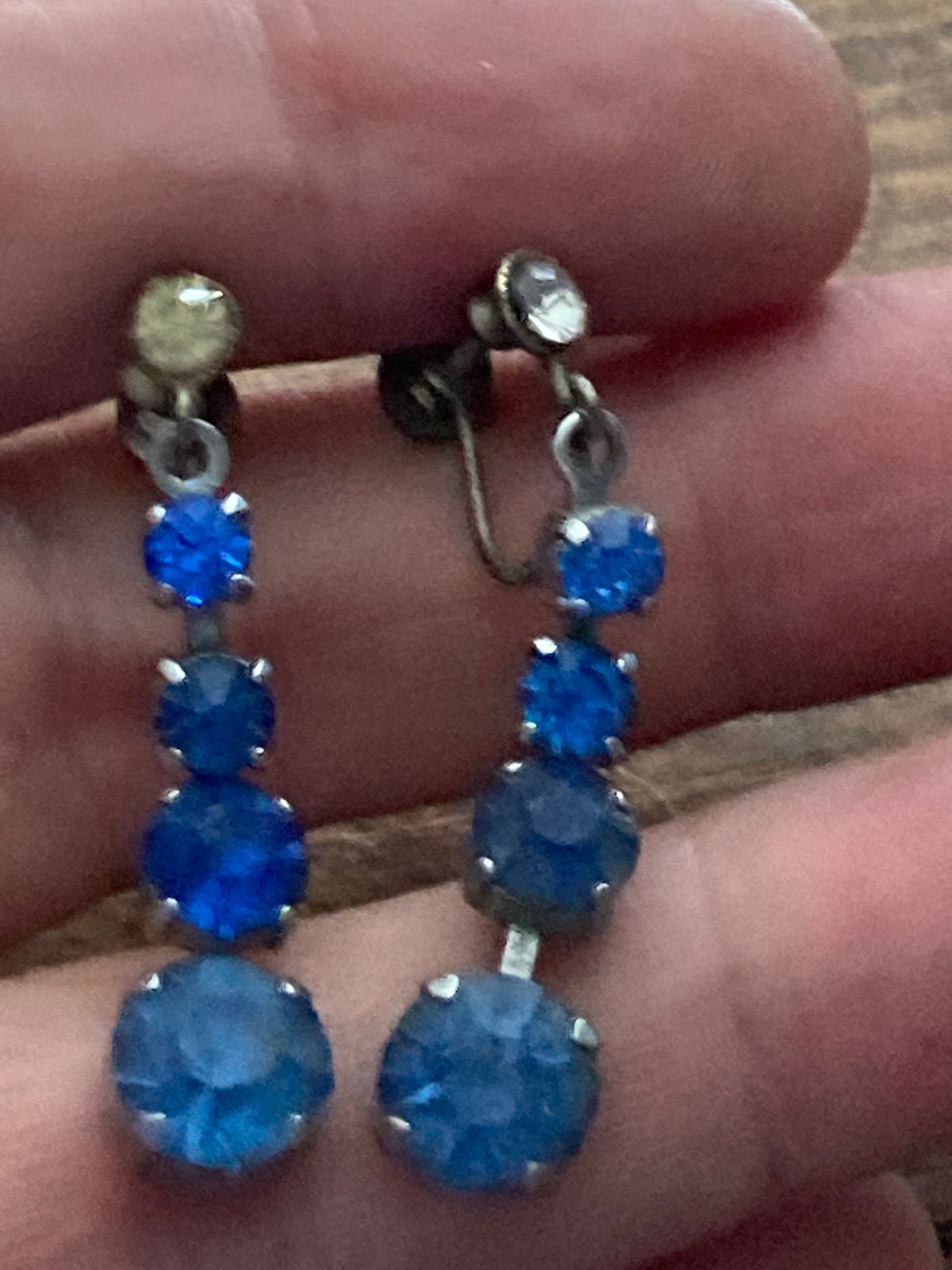 vintage drop Clip On Earrings faux Sapphire blue rhinestone Diamanté paste