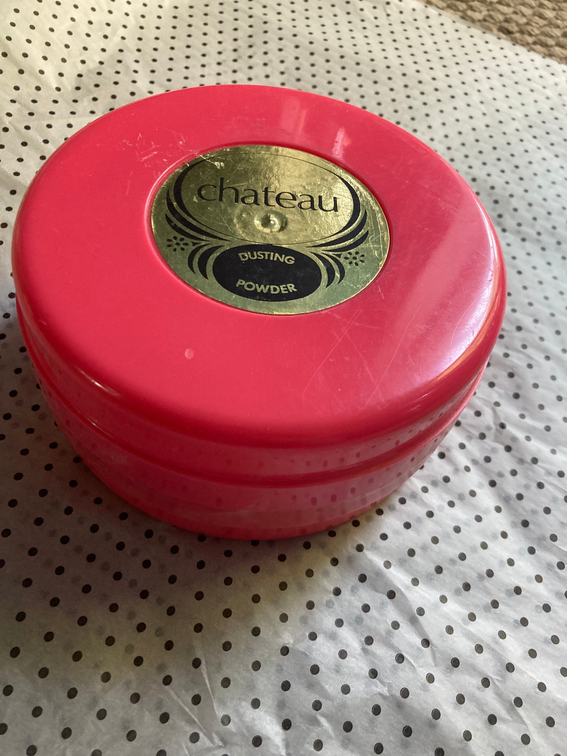 Xl Vintage large round pink large box of CHATEAU Dusting Powder with puff